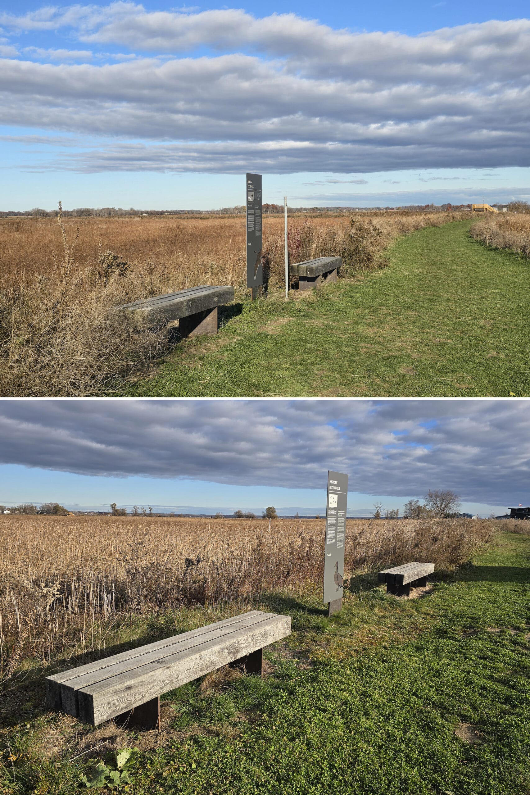 2 part image showing wooden benches along the trails at Big Creek National Wildlife Area.