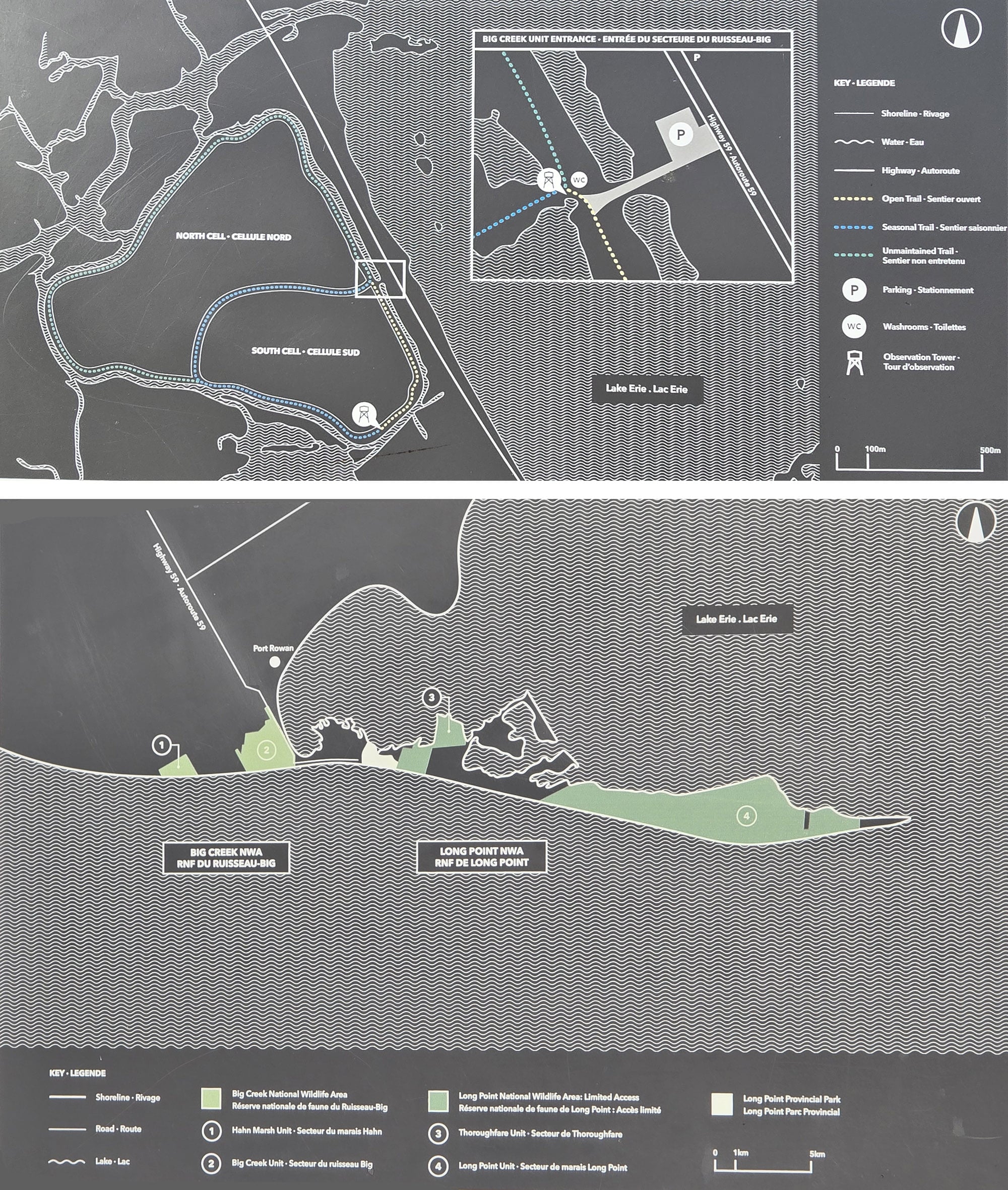 2 part image showing area maps for Big Creek National Wildlife Area.