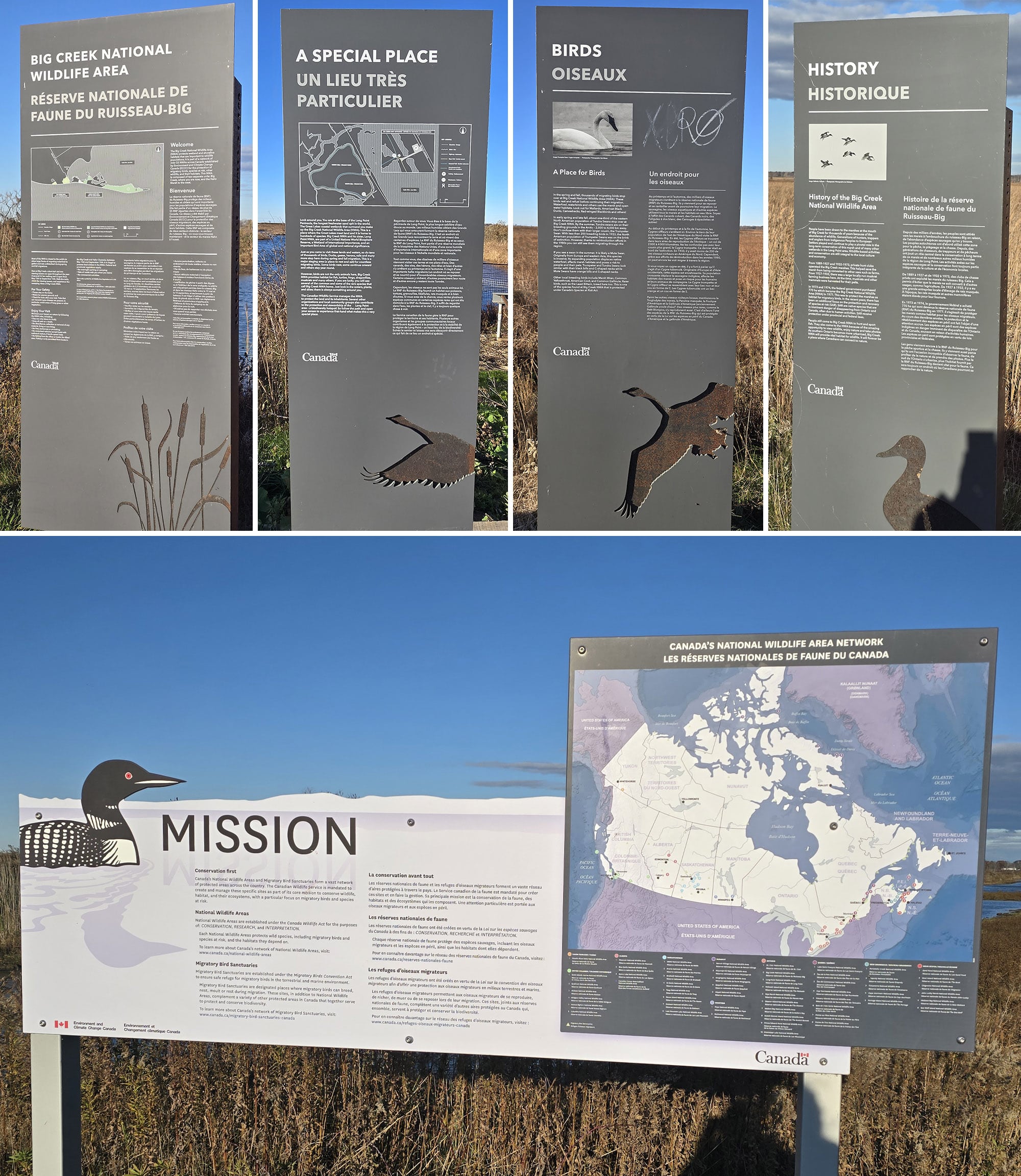5 part image showing various educational and directional signage at Big Creek National Wildlife Area.