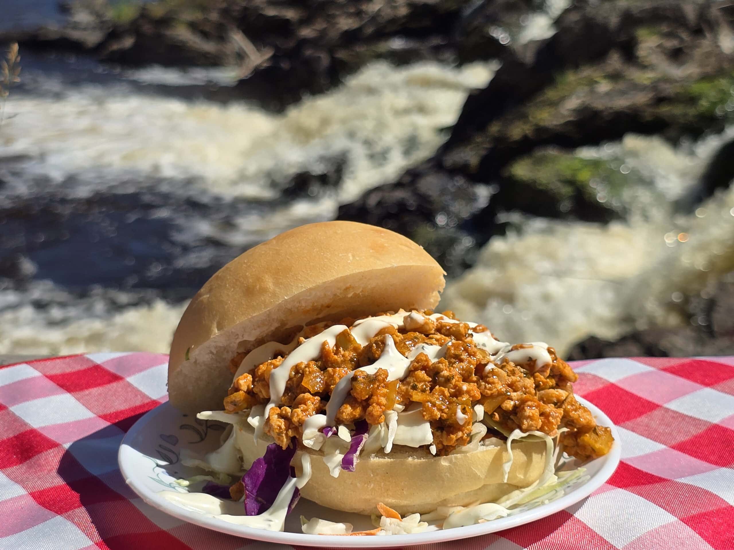 A buffalo chicken sloppy joes sandwich with cabbage and ranch dressing, in front of a waterfall.