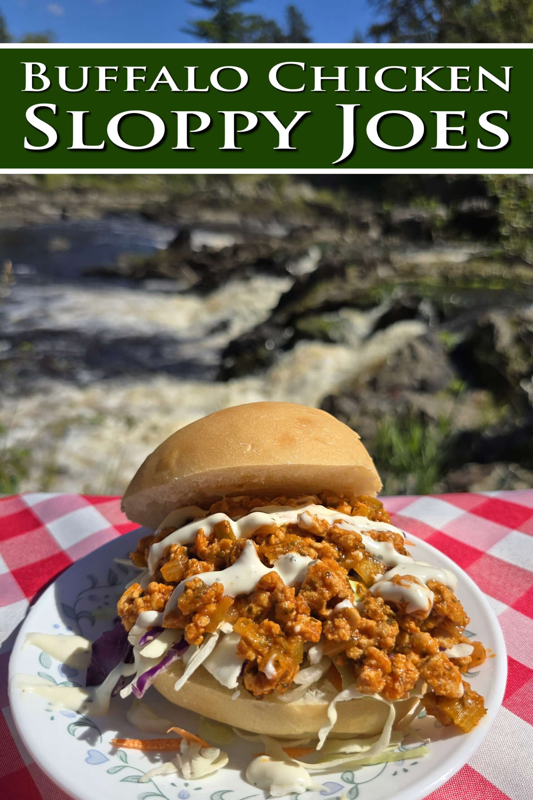 A buffalo chicken sloppy joe sandwich with cabbage and ranch dressing.  Overlaid text says buffalo chicken sloppy joes.