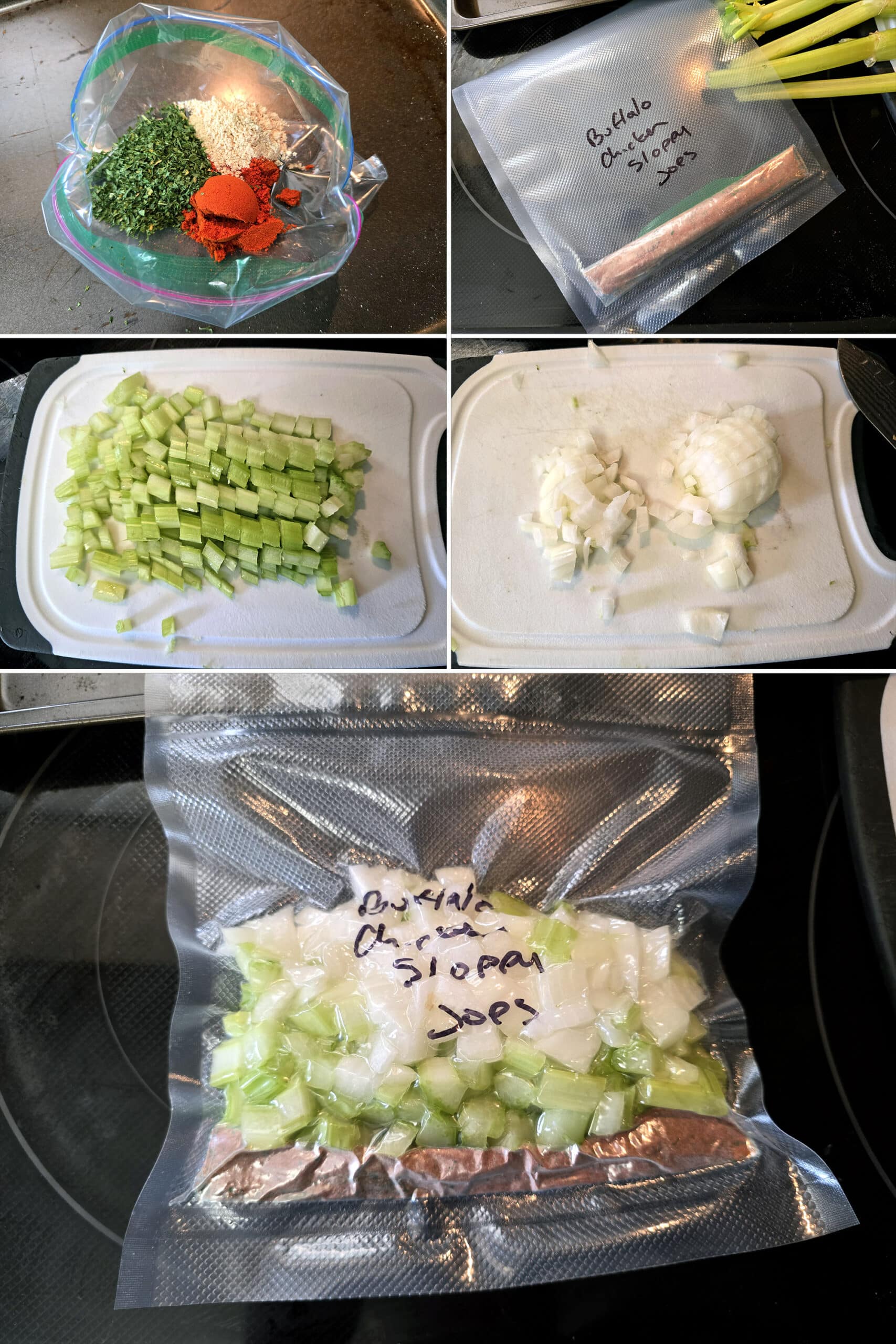 5 part image showing a spice packet being mixed up and placed in a freezer baggie, then celery and onions being chopped and added to the bag and vacuum sealed.