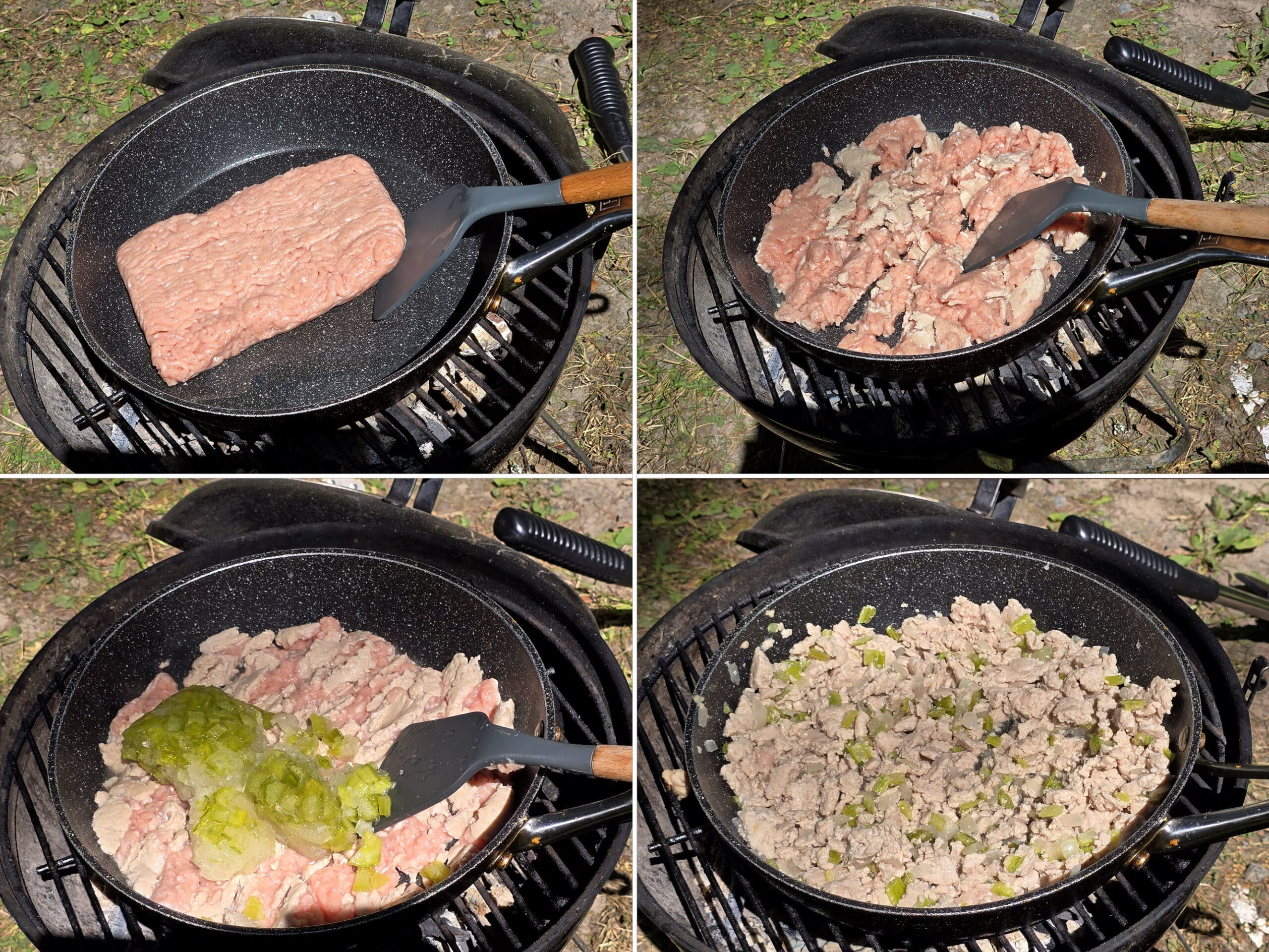 4 part image showing ground chicken being browned in a pan, then onions and celery being added and stirred in.