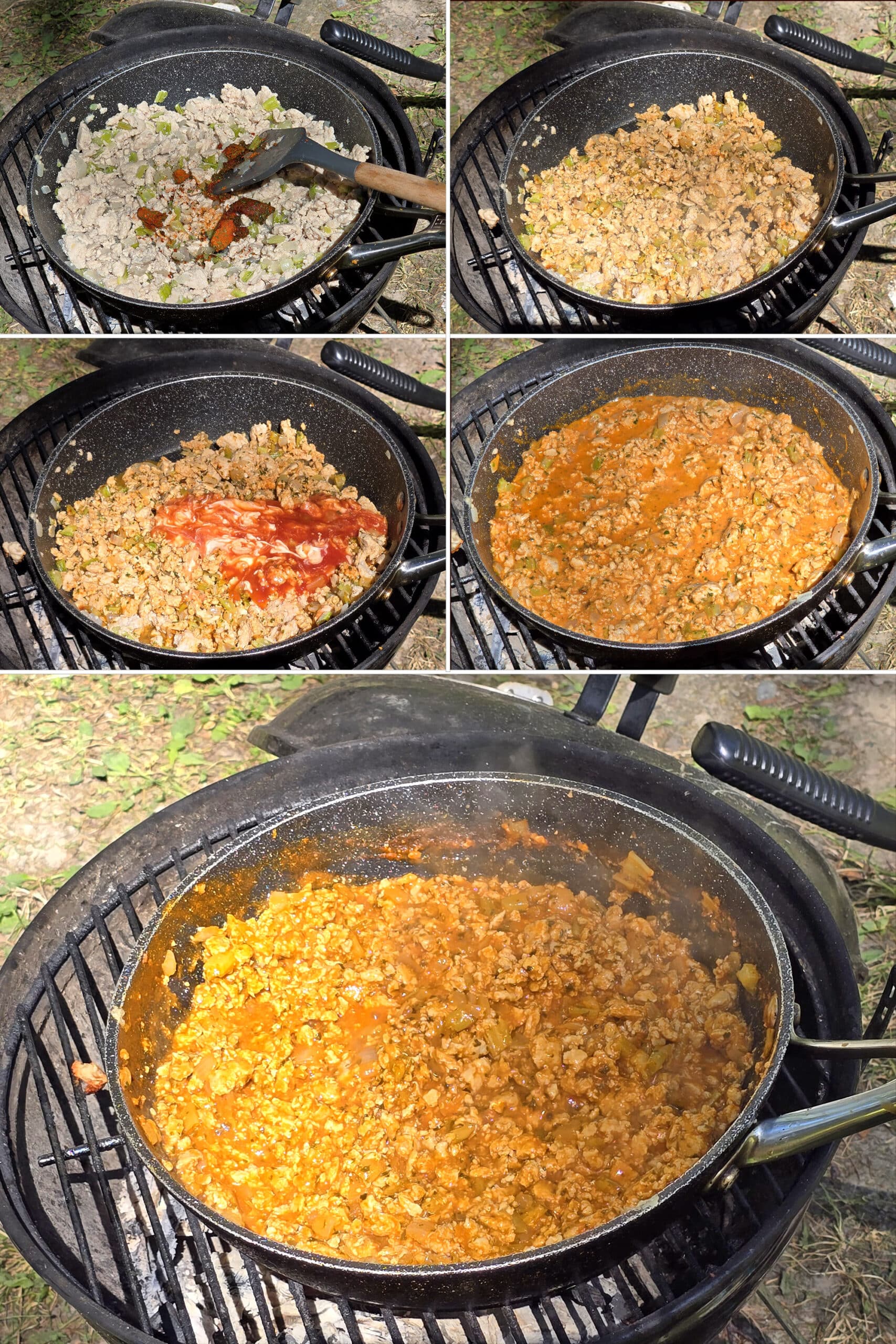 5 part image showing spices being added to the cooked chicken, then the hot sauce and ranch added, stirred, and simmered.