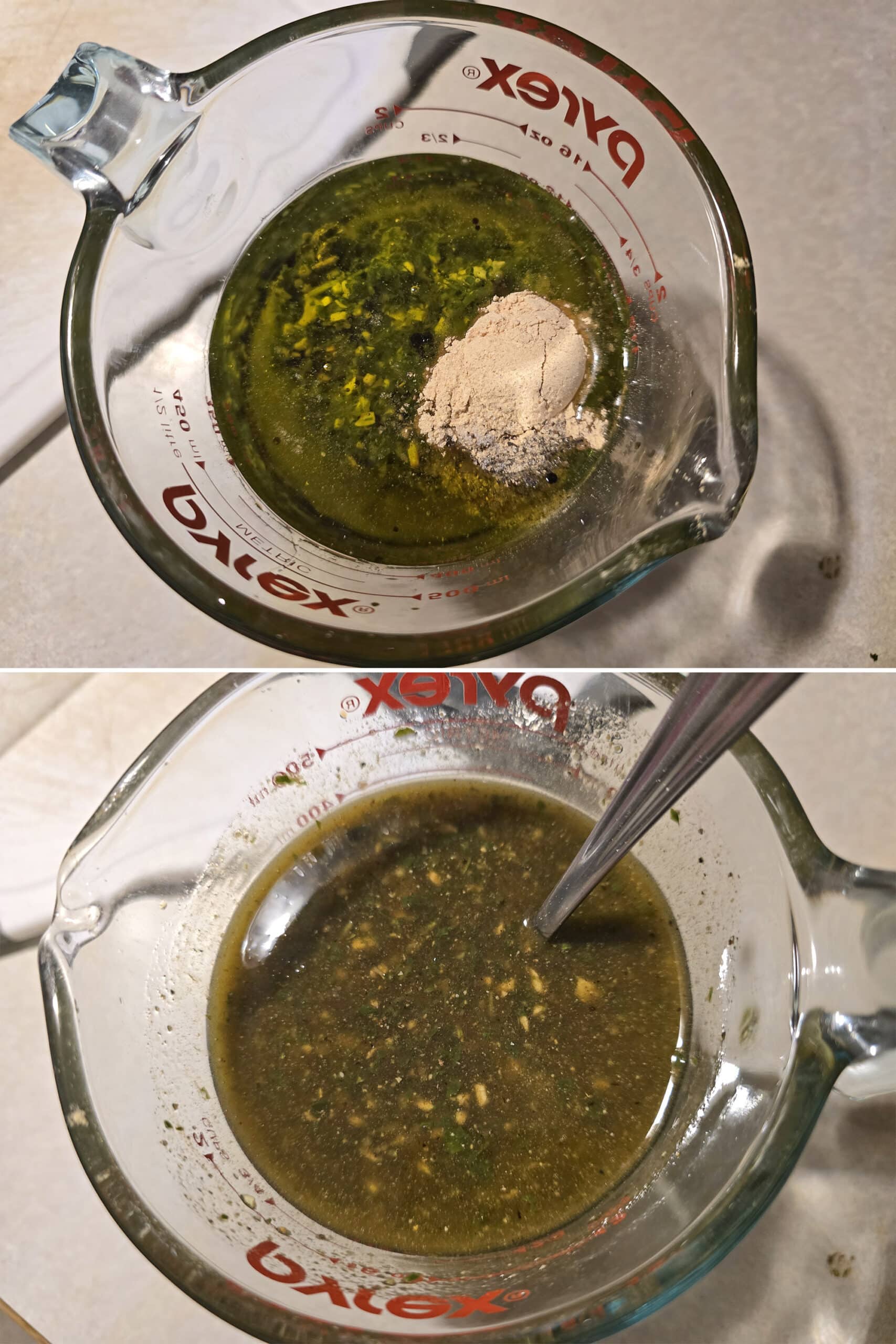 2 part image showing the pesto marinade being mixed up.