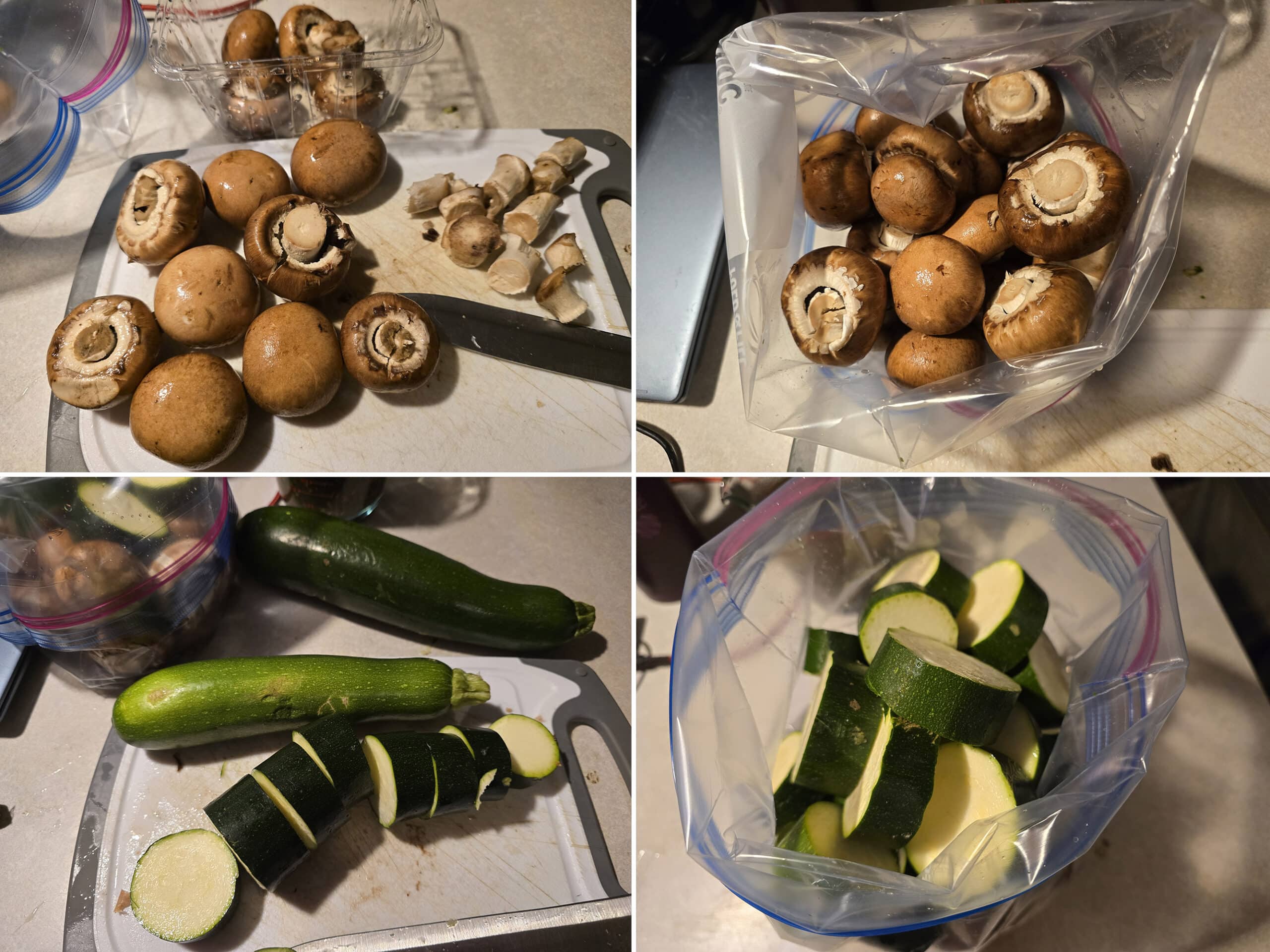 4 part image showing the stems being trimmed off the mushroom caps, the zucchinis being sliced into rounds, then both being added to a large Ziplock baggie.