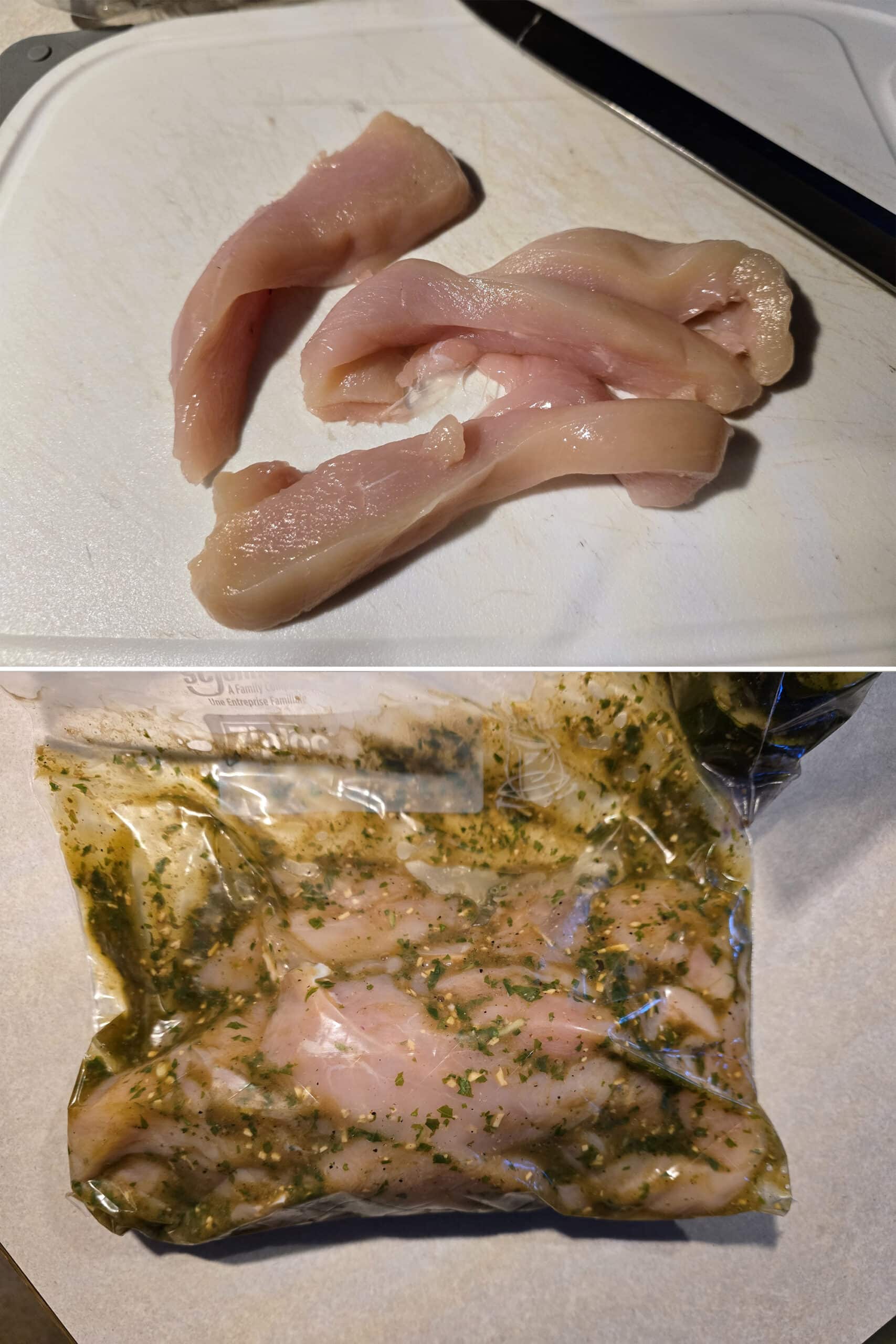 2 part image showing slices of chicken on a cutting board, then all of the chicken slices in a baggie with the pesto marinade.
