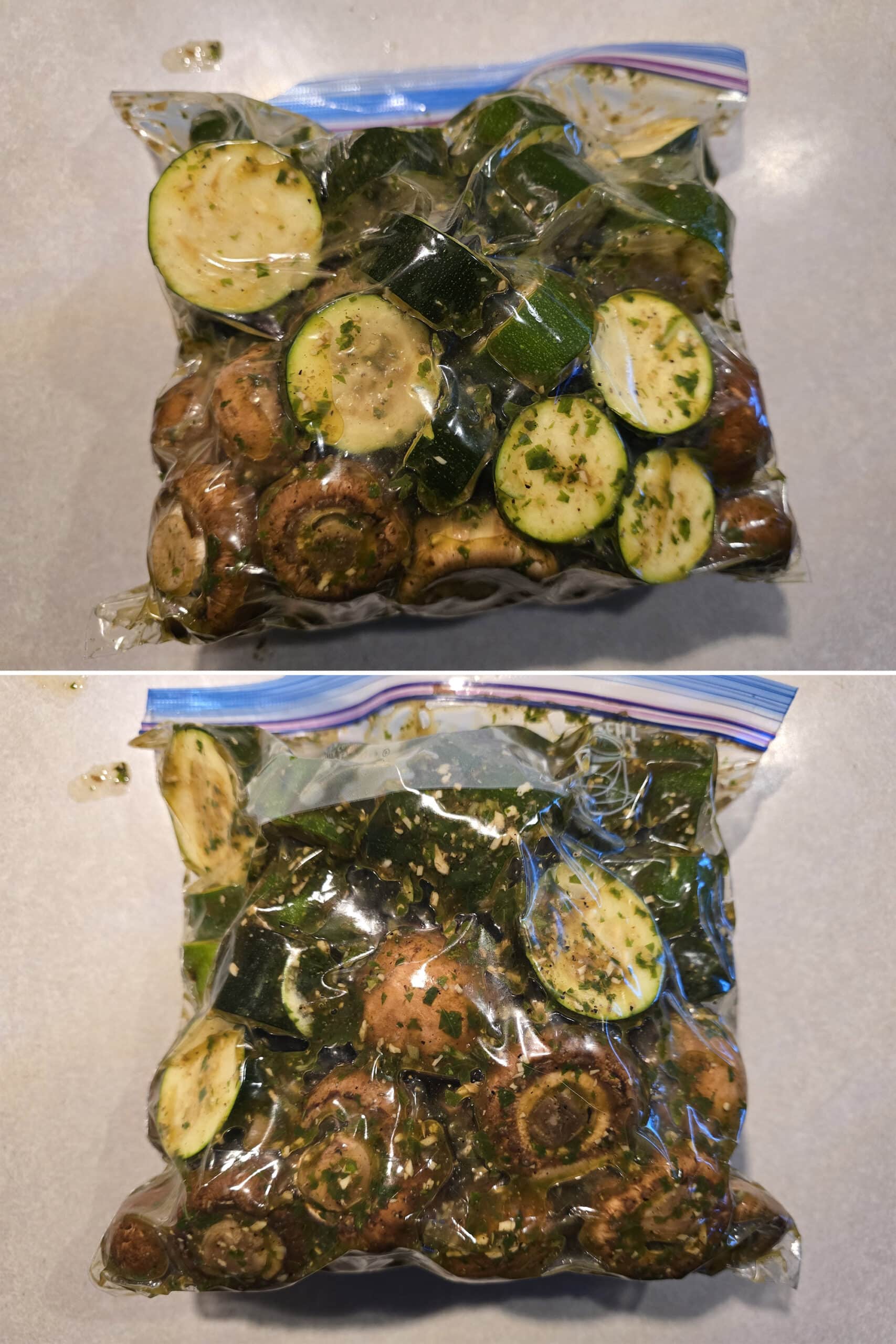 The baggie of mushrooms and zucchini slices with marinade all over them.