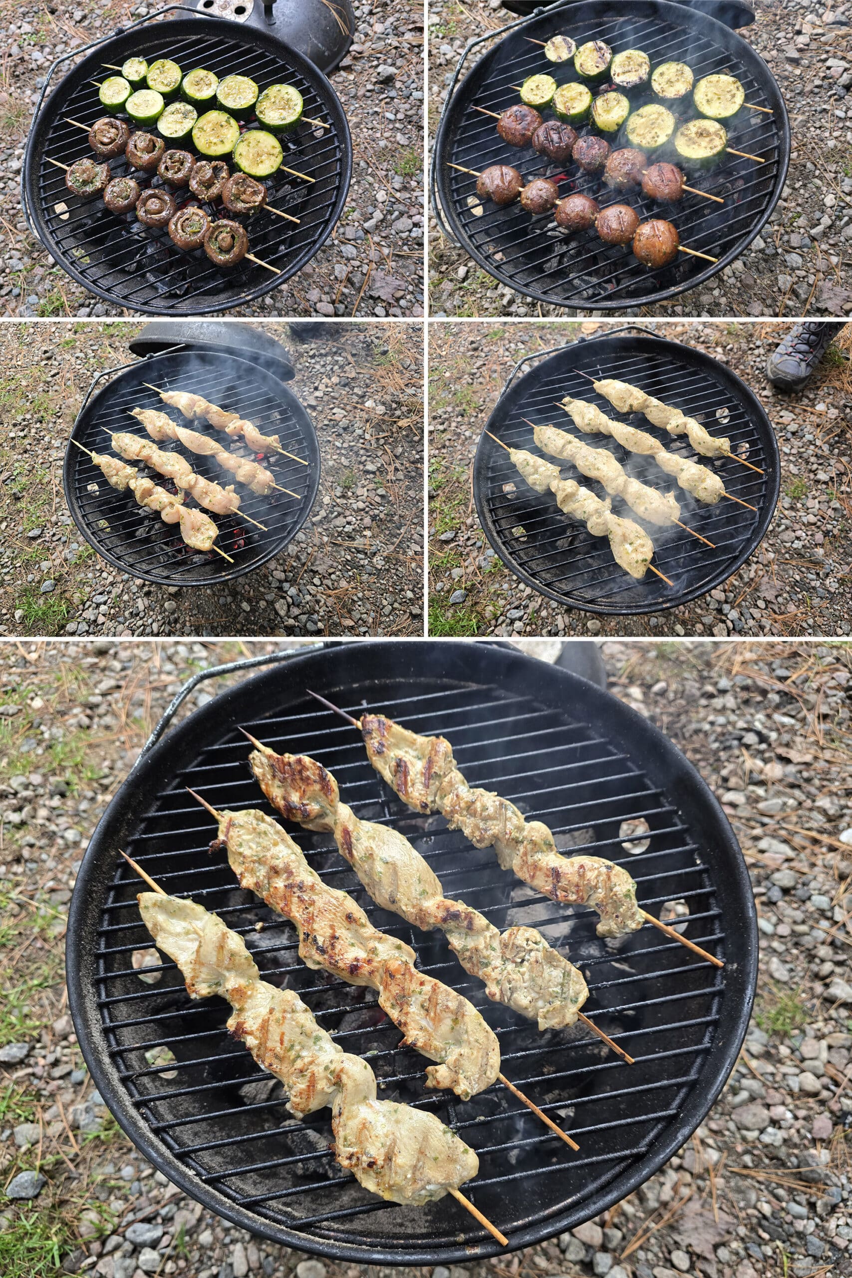 5 part image showing the mushroom and zucchini skewers cooking on both sides, then the pesto chicken kebabs grilling on the same charcoal grill.
