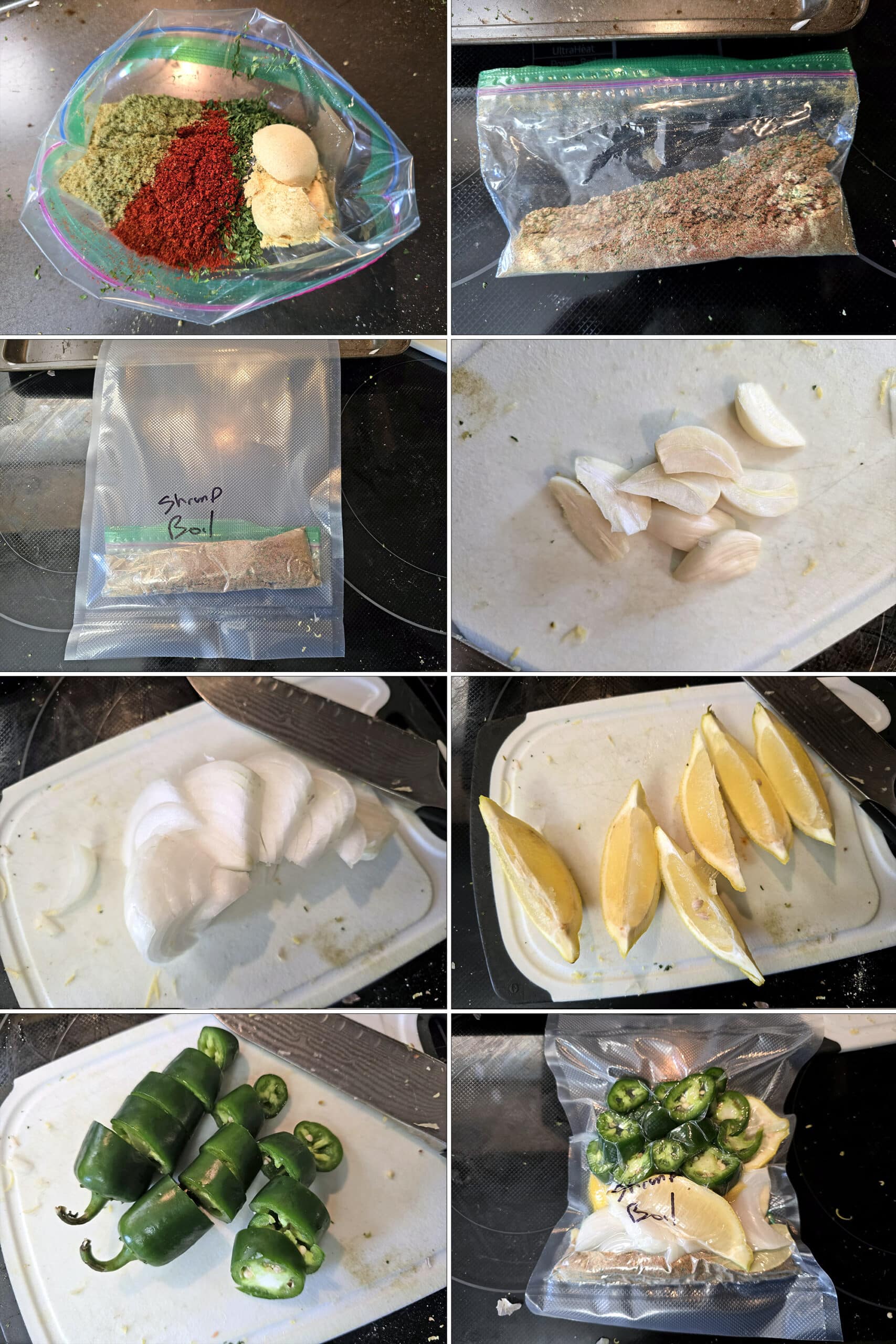 8 part image showing spices being mixed in a small baggie, then placed in a larger freezer bag with sliced lemons, jalapenos, onions, and garlic.