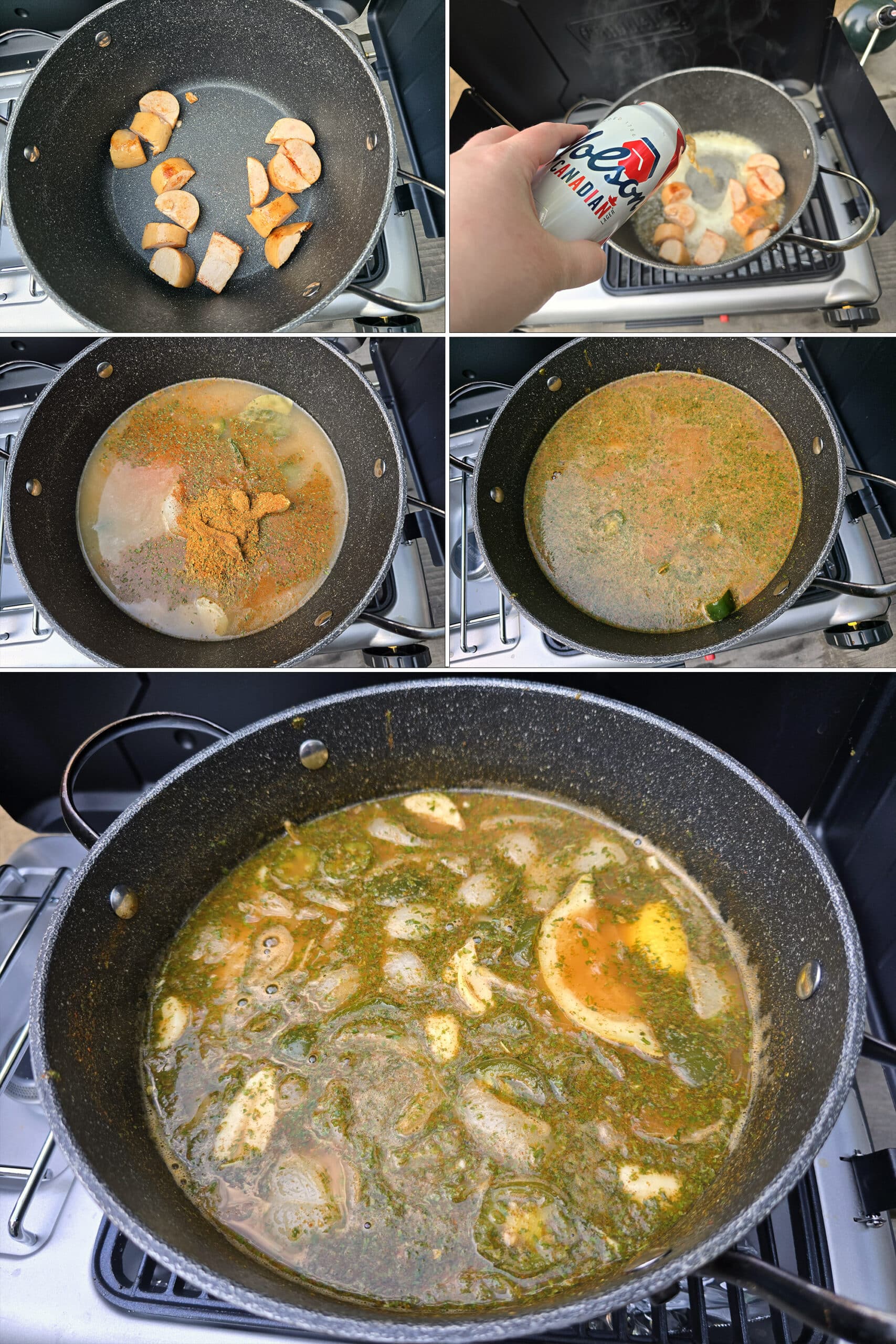 5 part image showing sausage chunks being cooked in a dutch oven, then beer, spices, broth, water, and the aromatics baggie added.