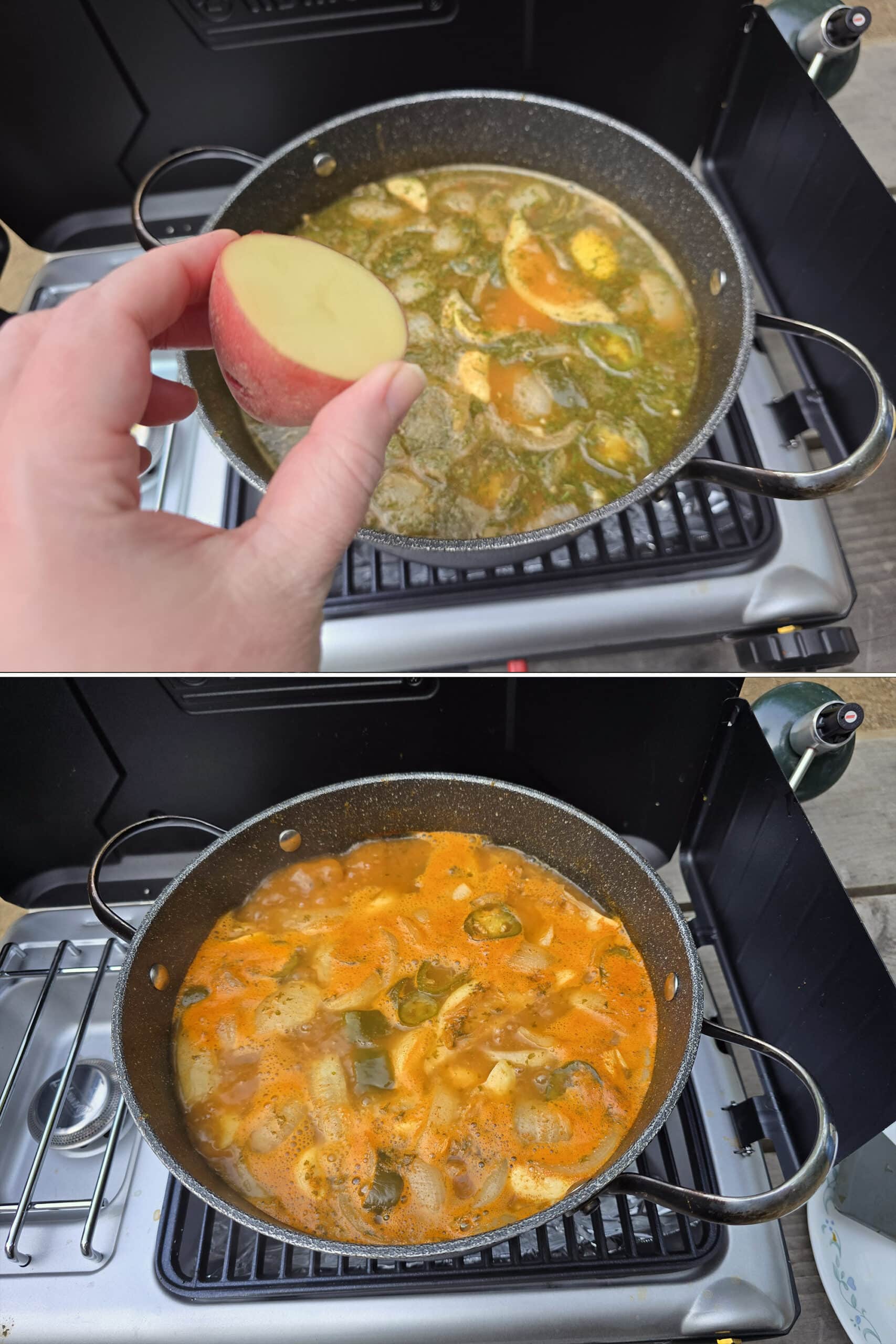 2 part image showing the potatoes added to the shrimp boil.