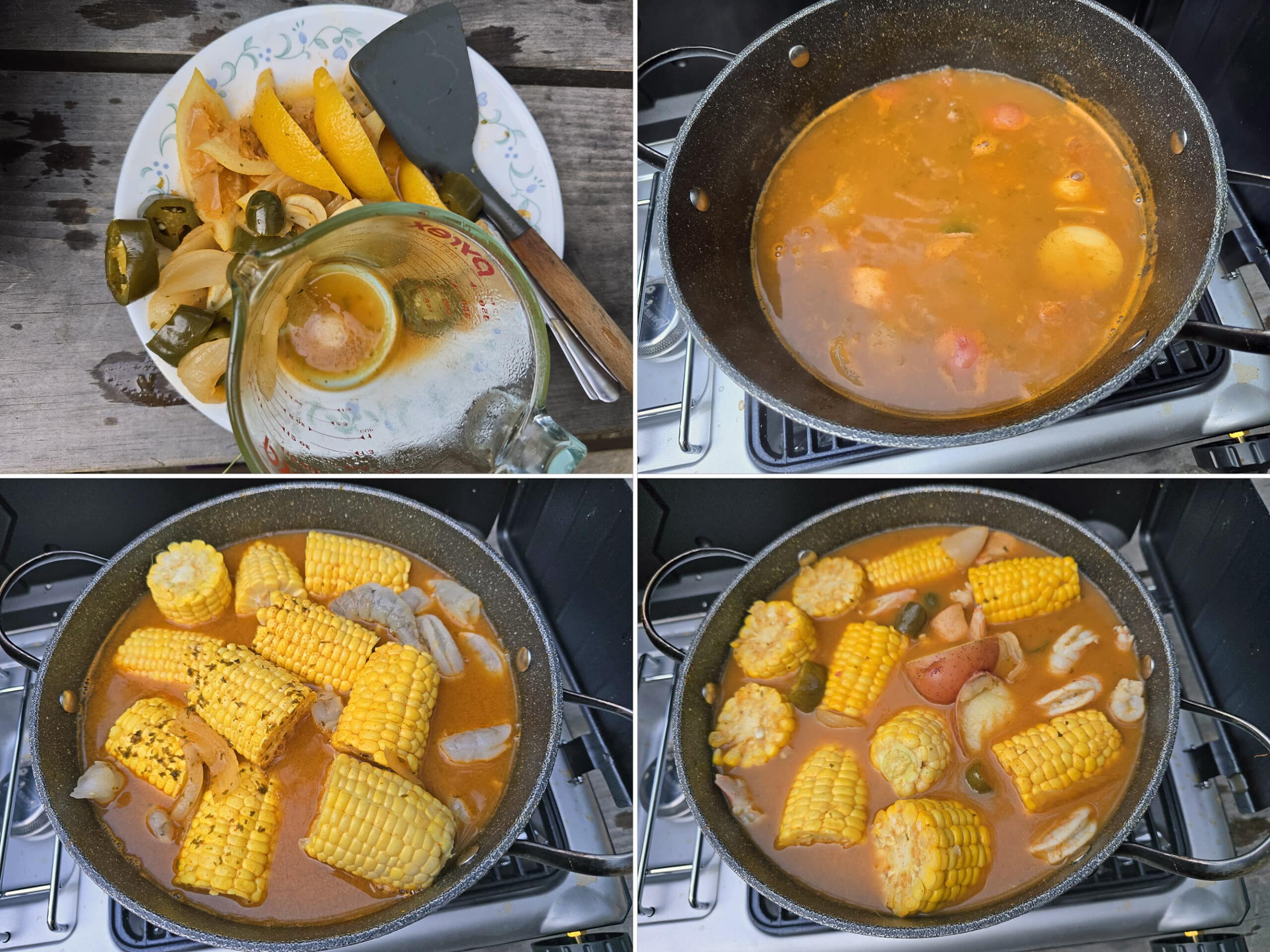 4 part image showing lemon slices and onion pieces removed to a plate, then the corn and shrimp added to the pot.