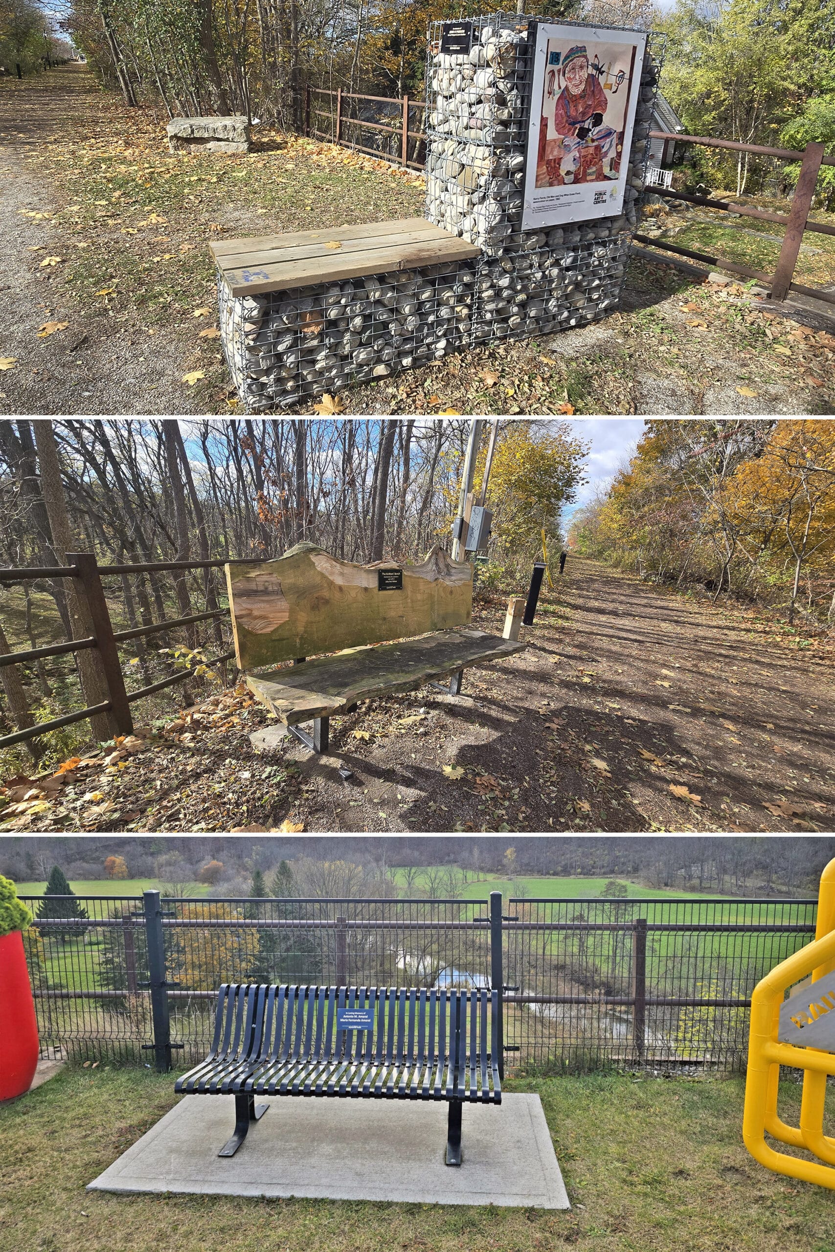 3 part image showing various benches along the st thomas elevated art park.