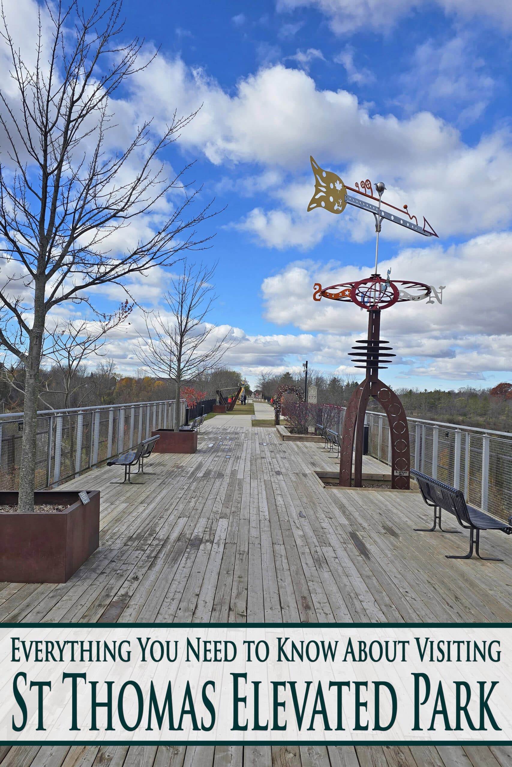 View of an art park built on an abandoned railway bridge. Overlaid text says everything you need to know about visiting st thomas elevated park.
