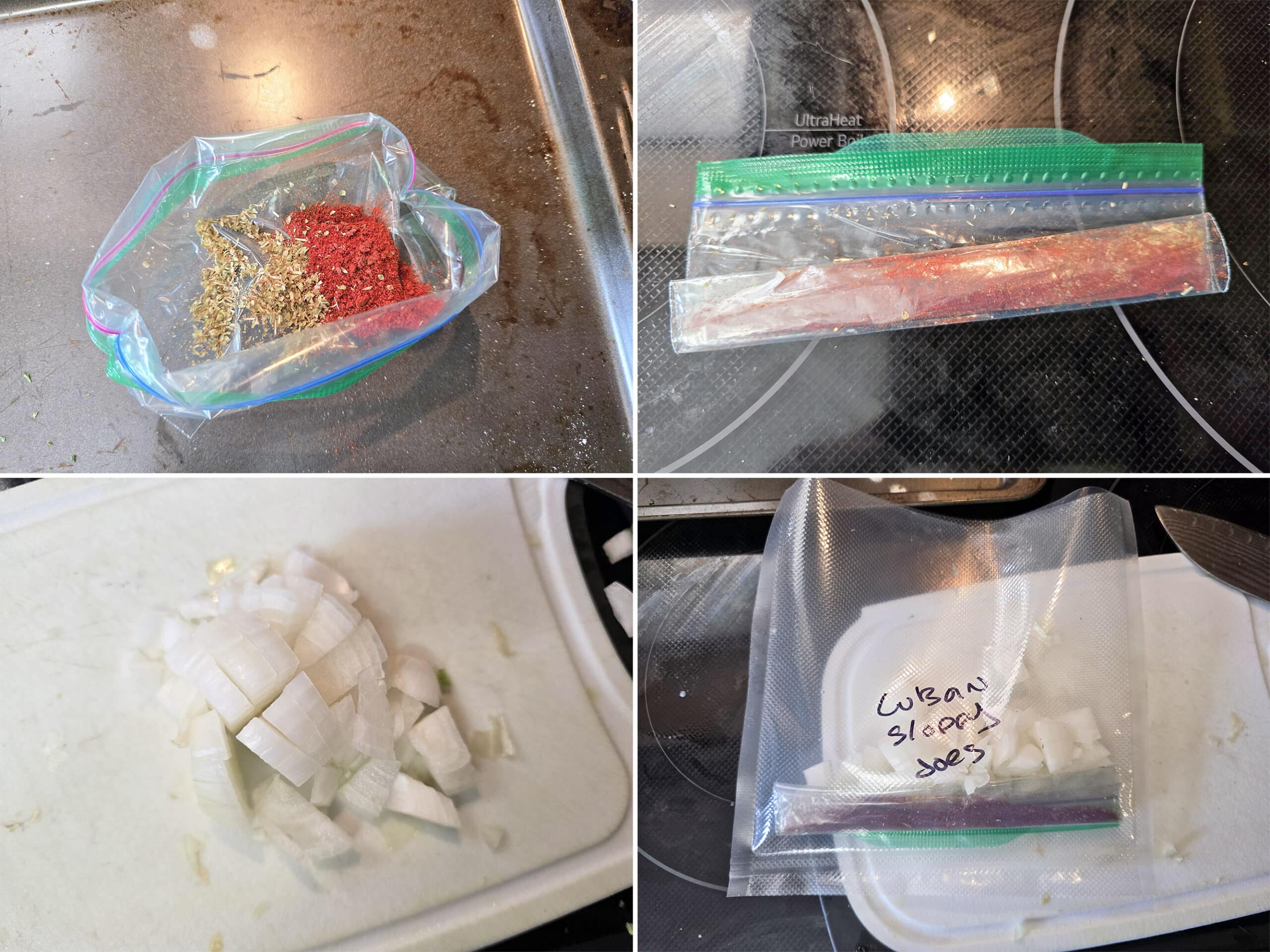 4 part image showing spices being mixed in a small baggie, then packed in a larger baggie with chopped onions.