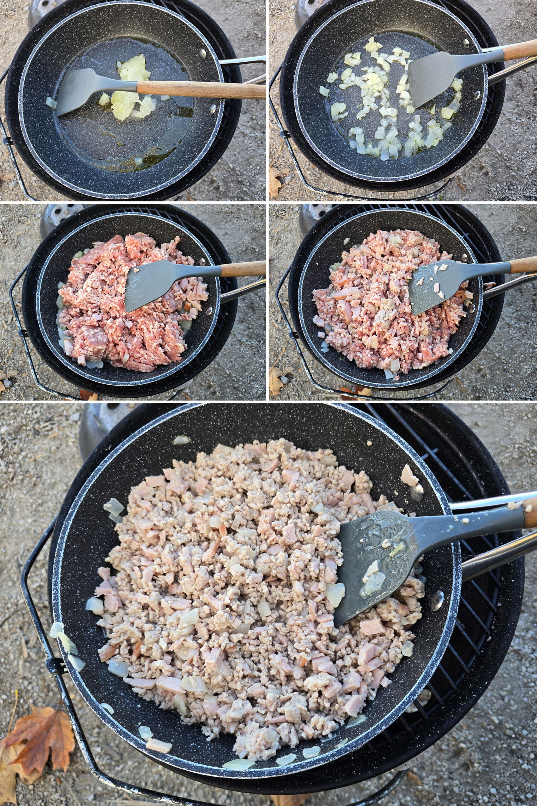 5 part image showing the onions cooking in a pan over a charcoal grill, then ground pork being added to the pan, broken up, and browned.
