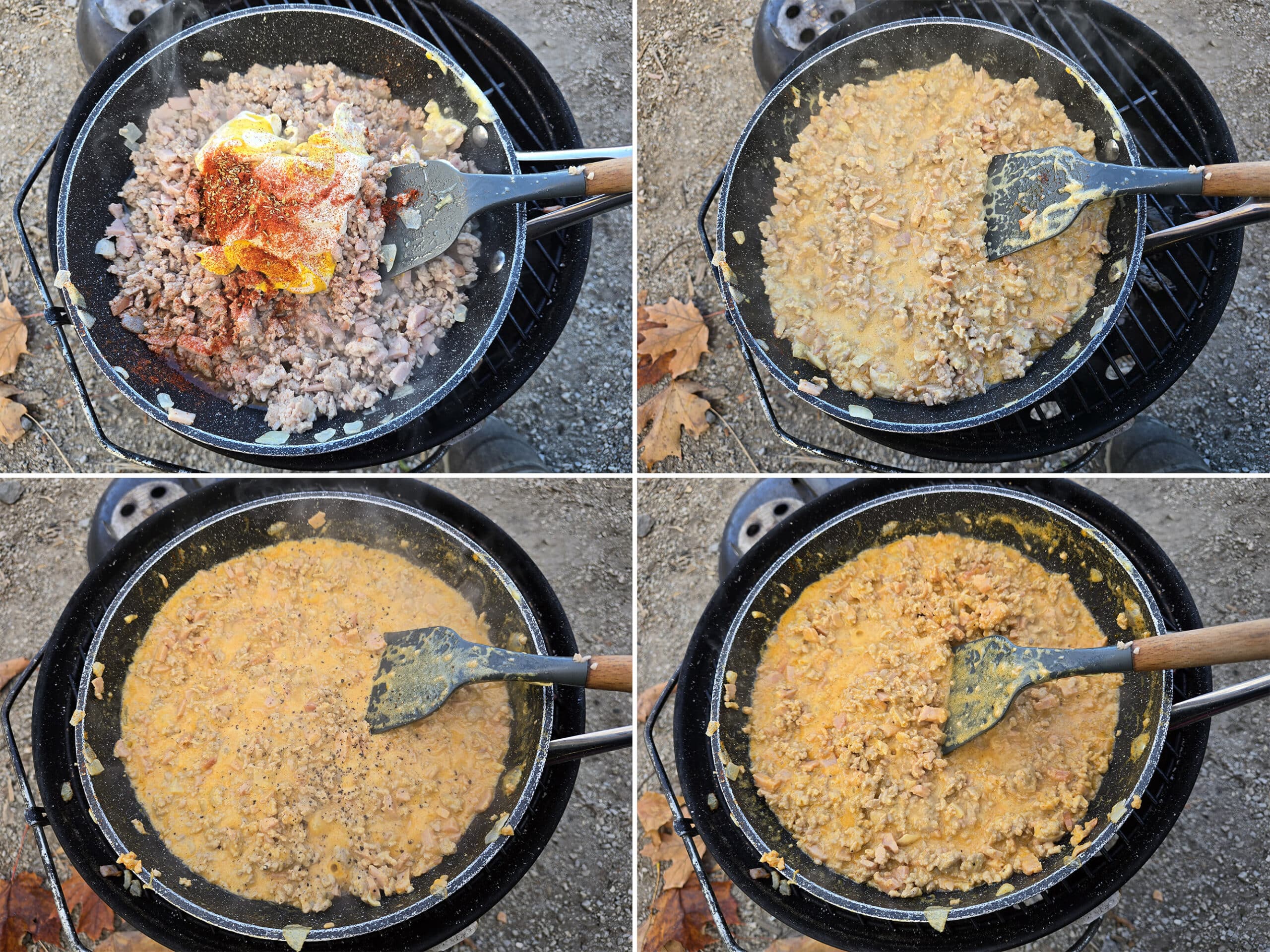 4 part image showing the spices, mustard, and mayo added to the pan and simmered down.