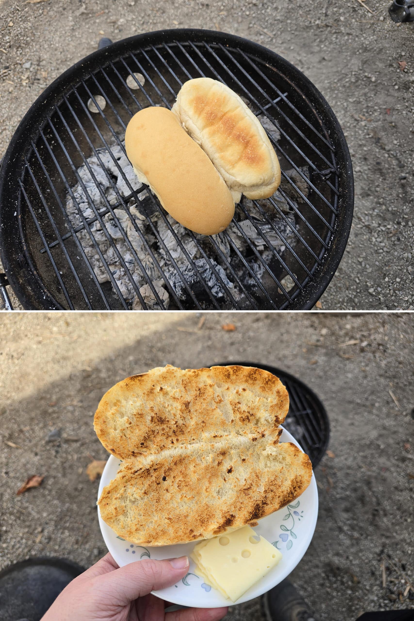 2 part image showing a bun toasting over a charcoal grill.