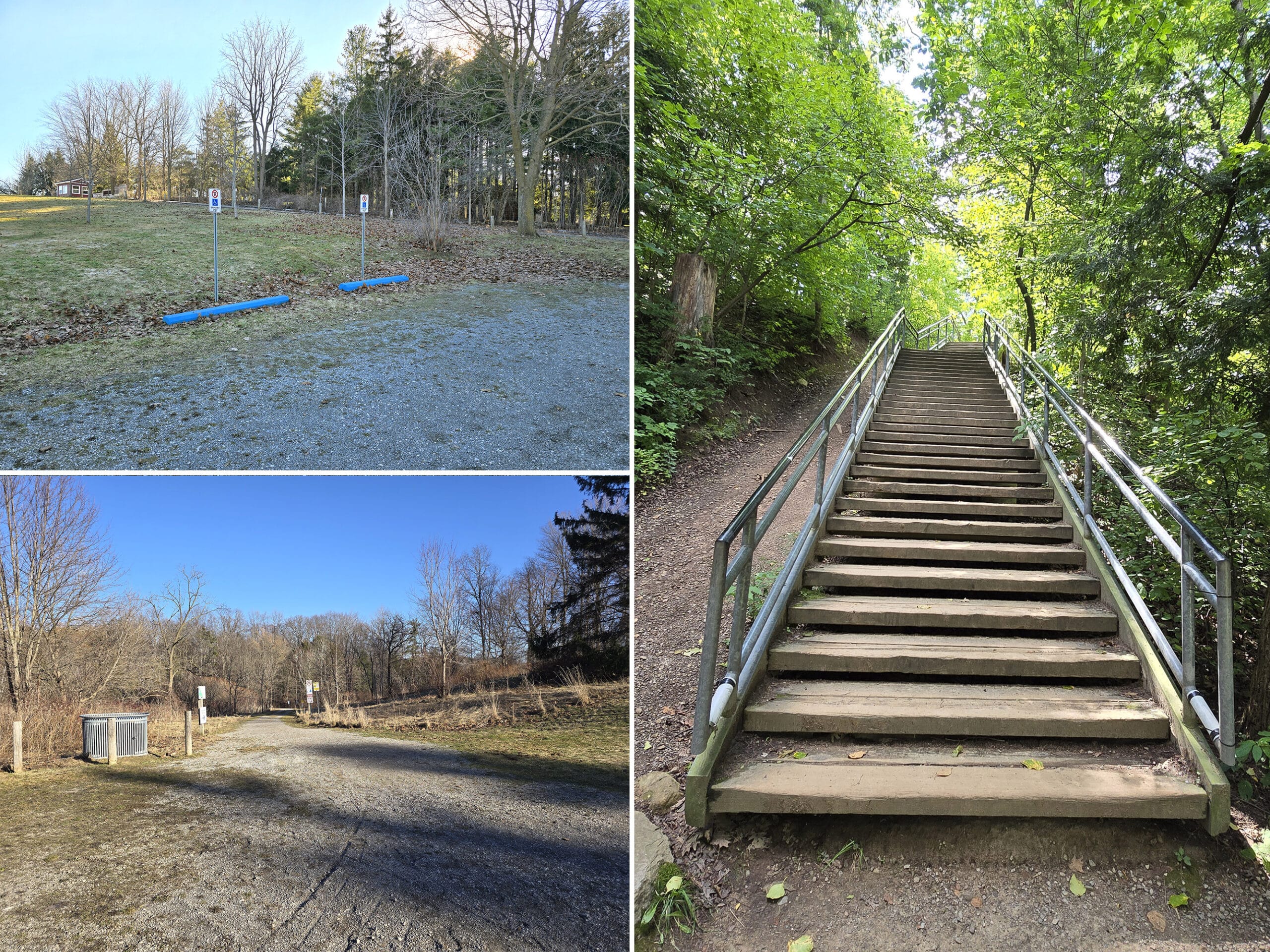 3 part image showing the accessible parking, trail and a staircase at Dundas Peak.