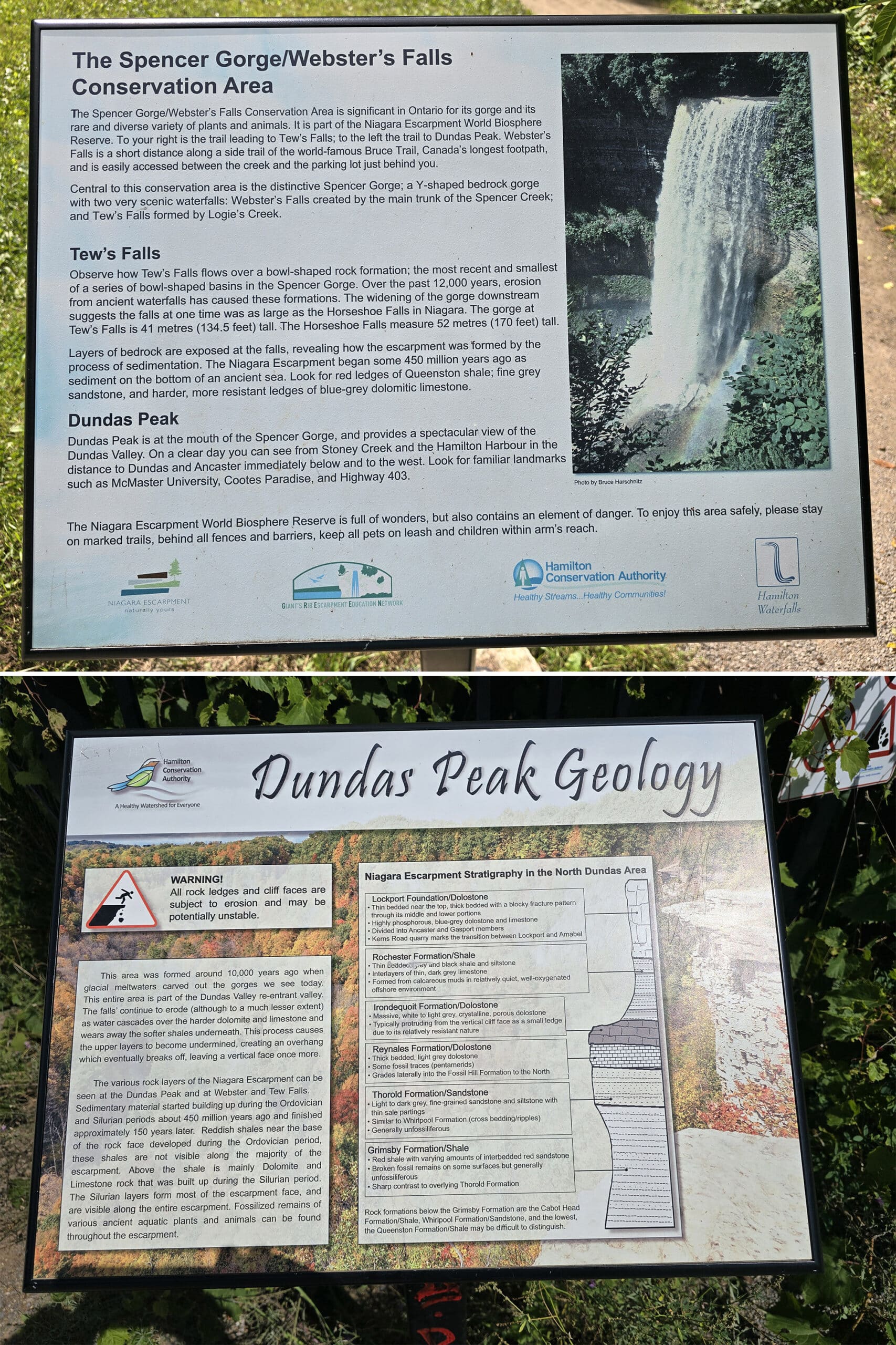 2 part image showing educational signage about Tew Falls and Dundas peak geology.