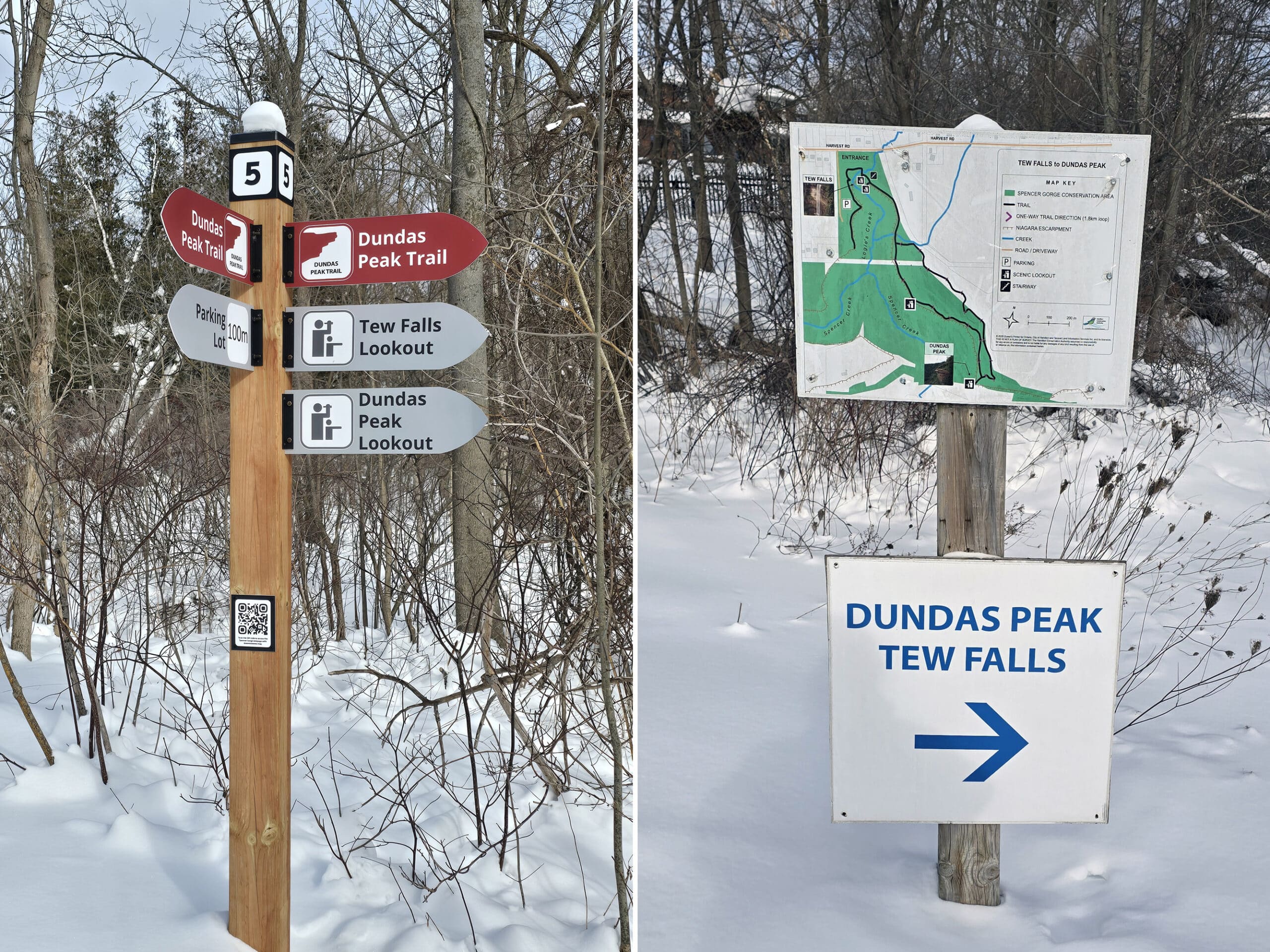 2 part image showing directional signage at dundas peak and tew falls.