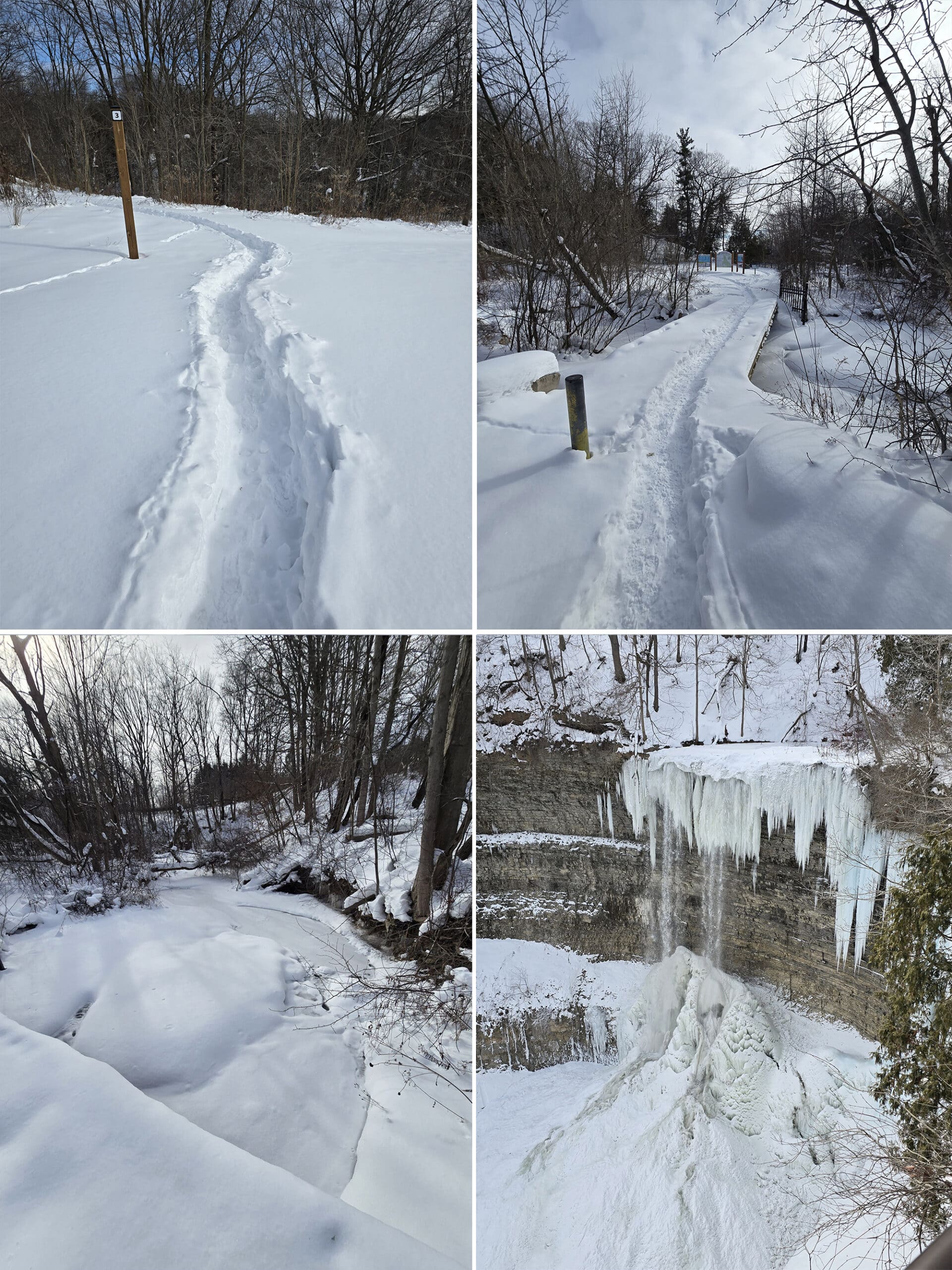 4 part image showing the dundas peak trail and tew falls in winter.