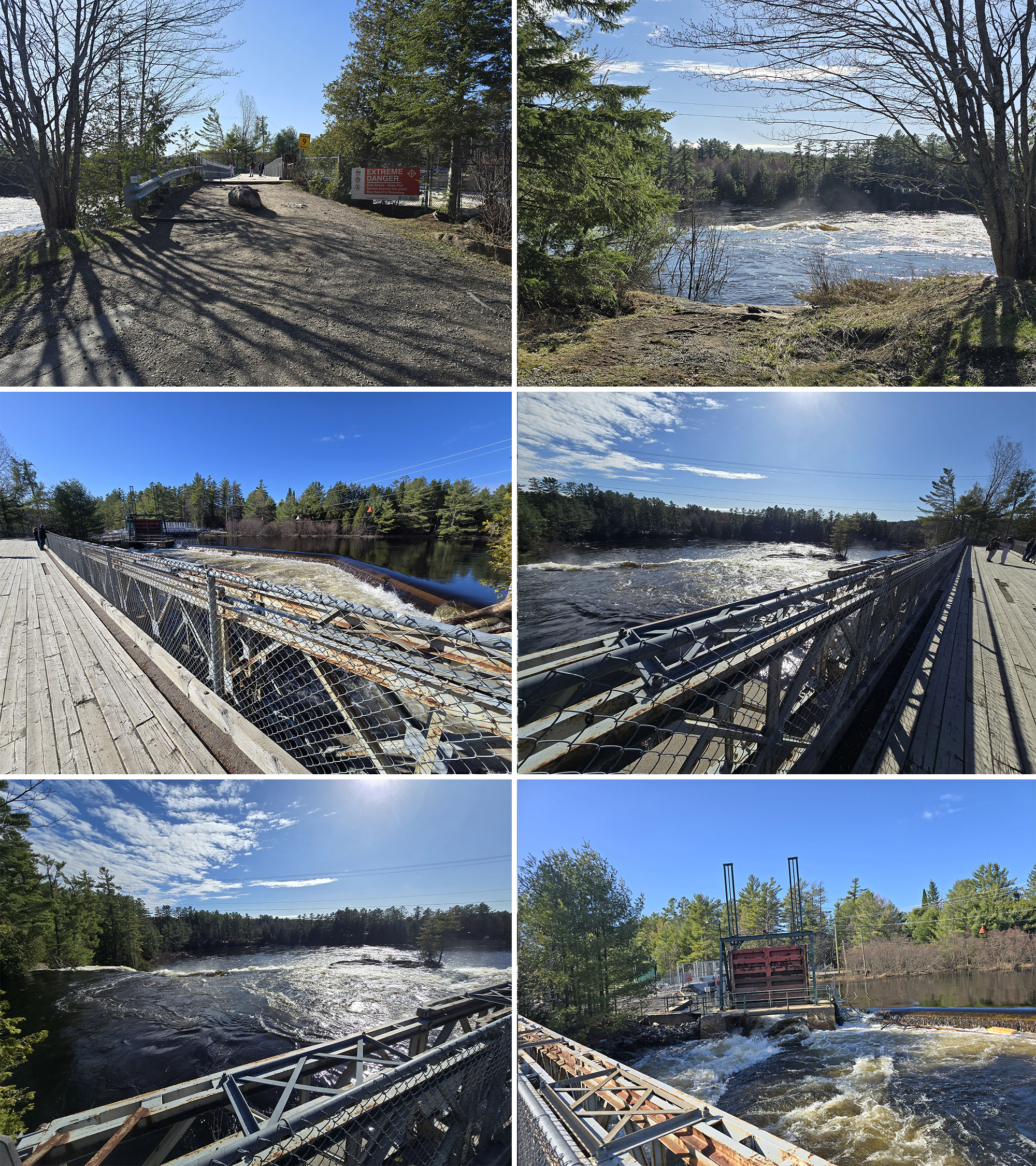 6 part image showing various views of and from the bridge over High Falls.