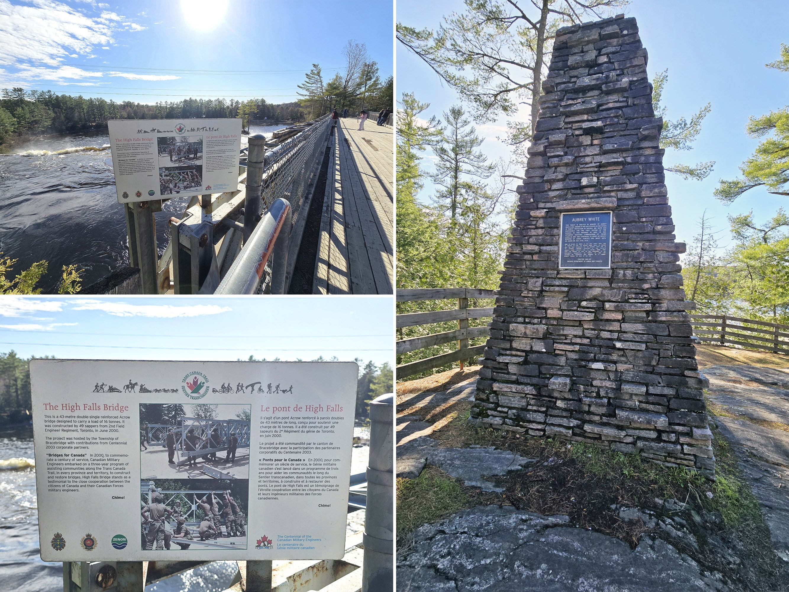 3 part image showing educational signage and a large memorial rock cairn at High Falls.