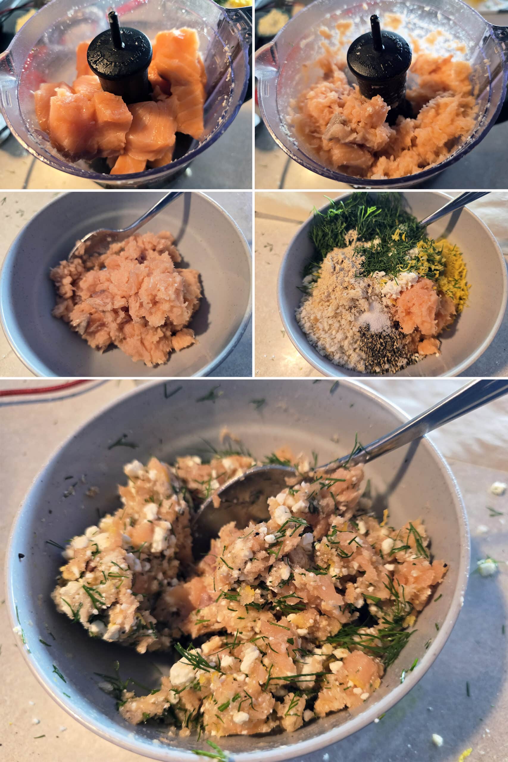 5 part image showing the salmon pieces being blended in a food processor, then mixed with the remaining salmon patty ingredients.