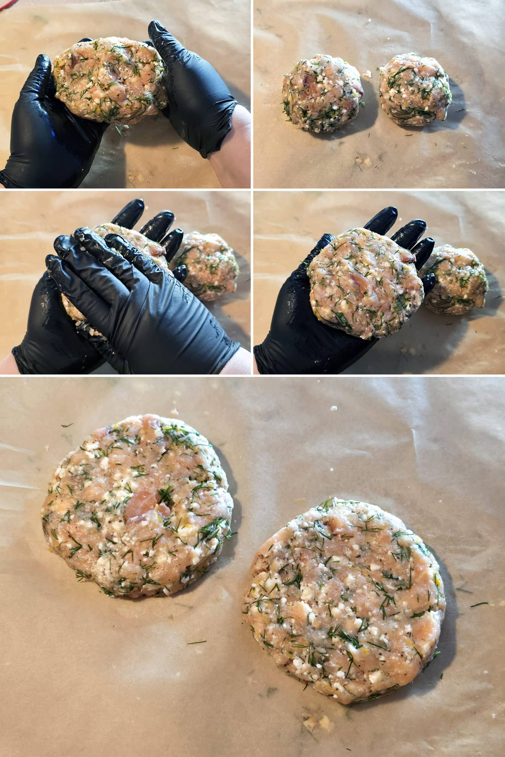 2 part image showing the salmon patty mixture being divided into 2 equal balls and formed into burger patties.