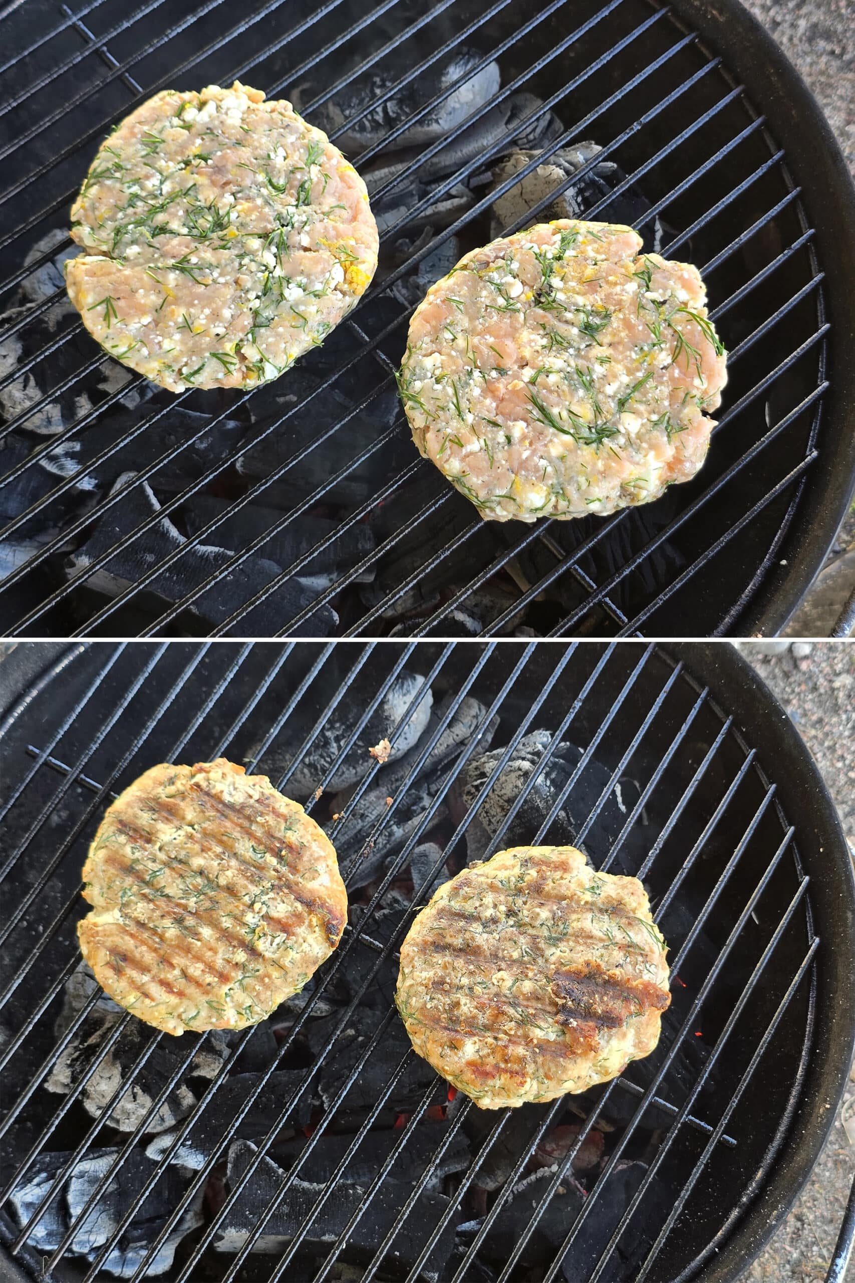 2 part image showing Mediterranean Salmon Burgers cooking over a charcoal grill.