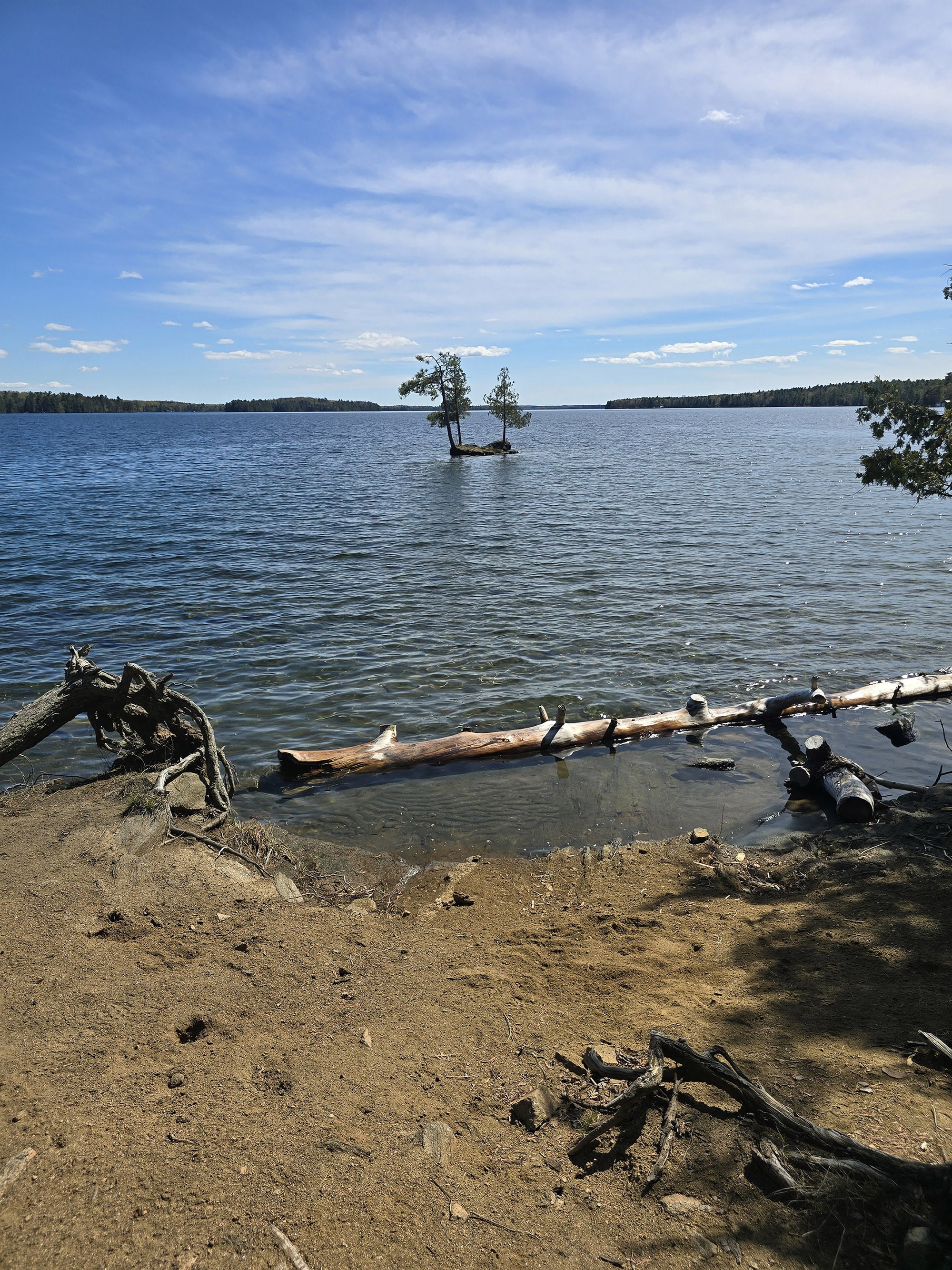 A beach on a lake with a small island in the background.