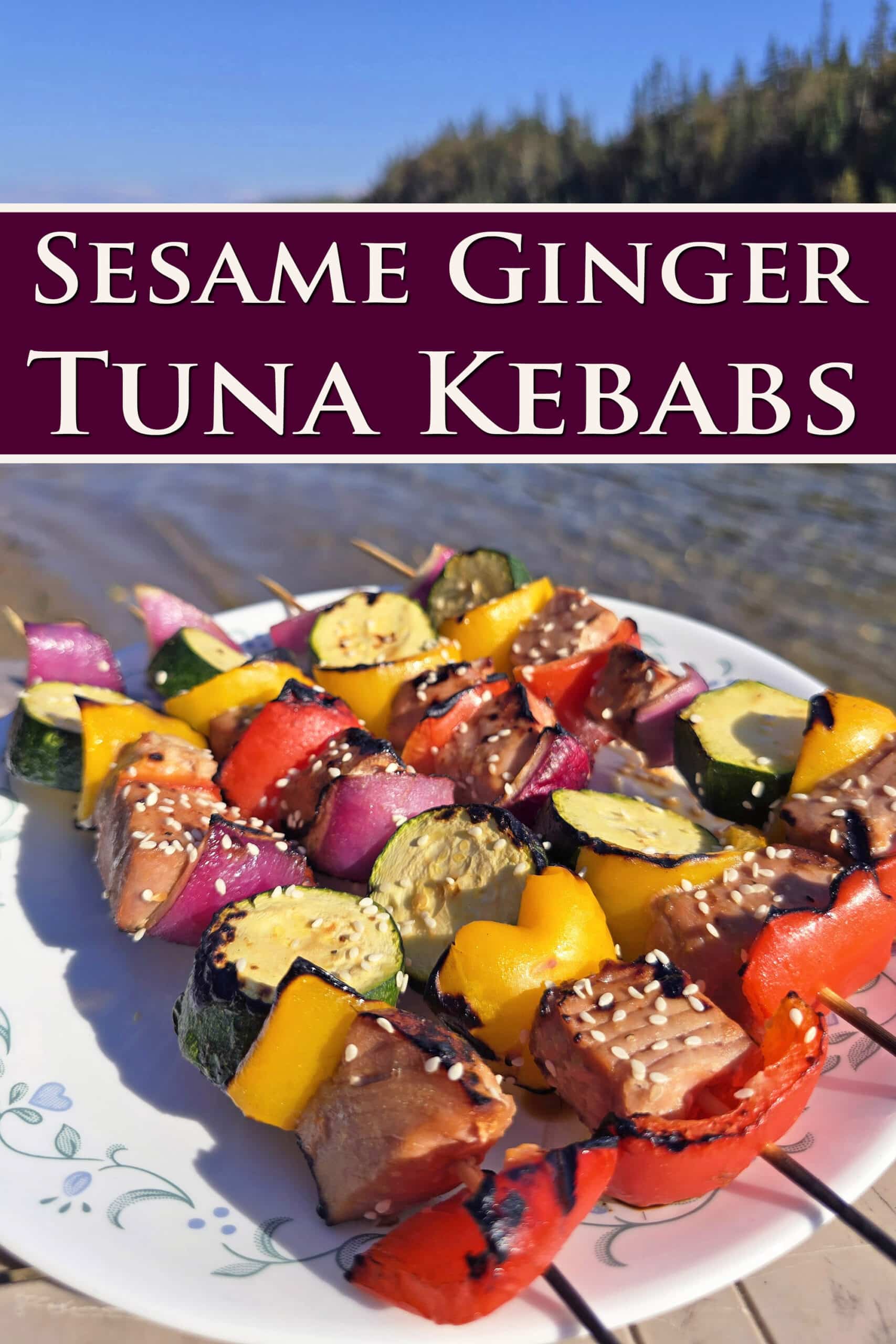 A plate of sesame ginger ahi tuna kebabs, with fresh tuna, red and yellow peppers, red onion, and zucchini rounds. Overlaid text says sesame ginger tuna kebabs.