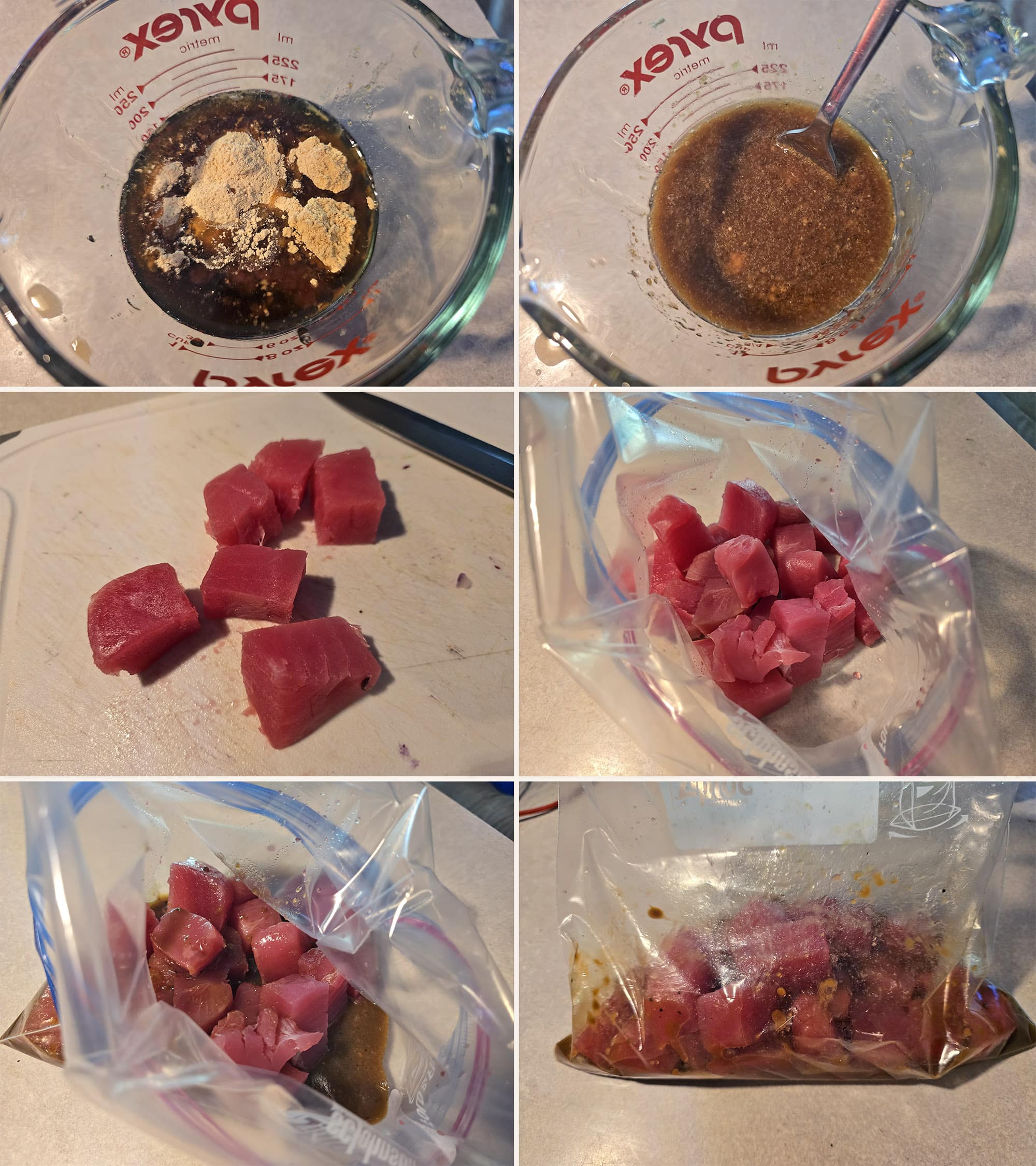 6 part image showing the sesame ginger tuna marinade being mixed, ahi tuna steaks being cut into cubes, and being combined with the marinade in a ziplock baggie.