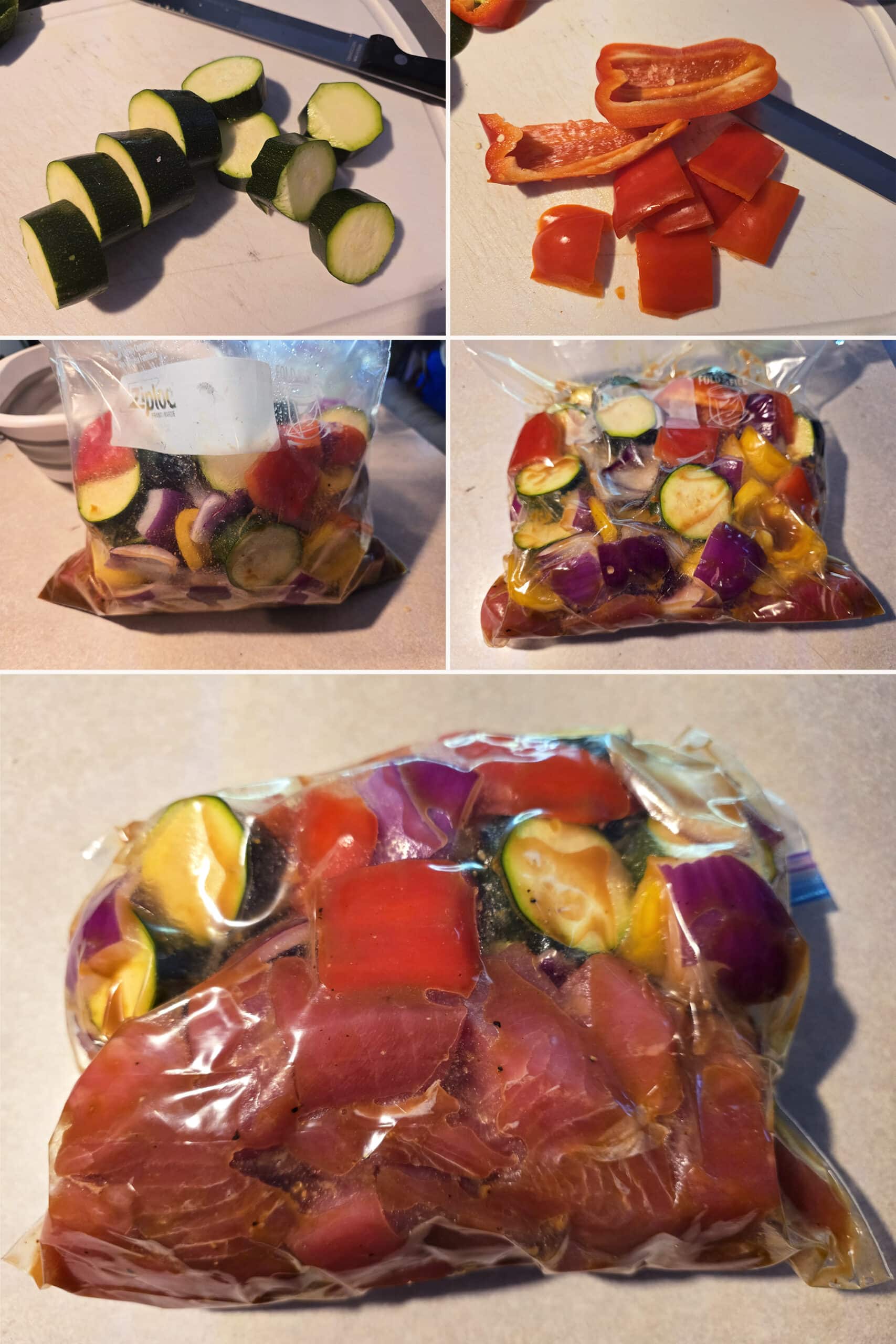 5 part image showing zucchini and peppers being added to the bag of marinating tuna cubes.