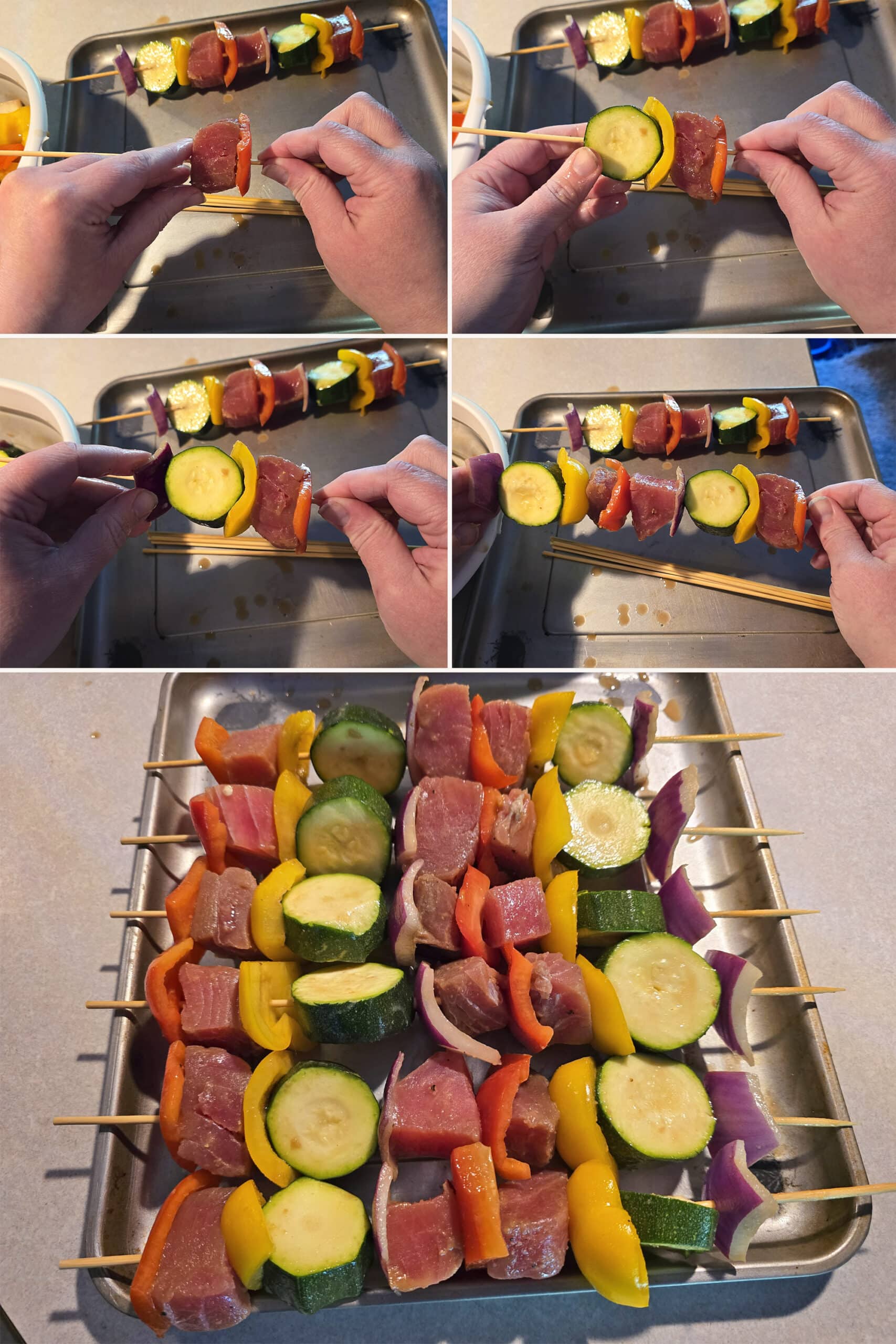 5 part image showing peppers, onion, zucchini, and marinated tuna being arranged on bamboo skewers.