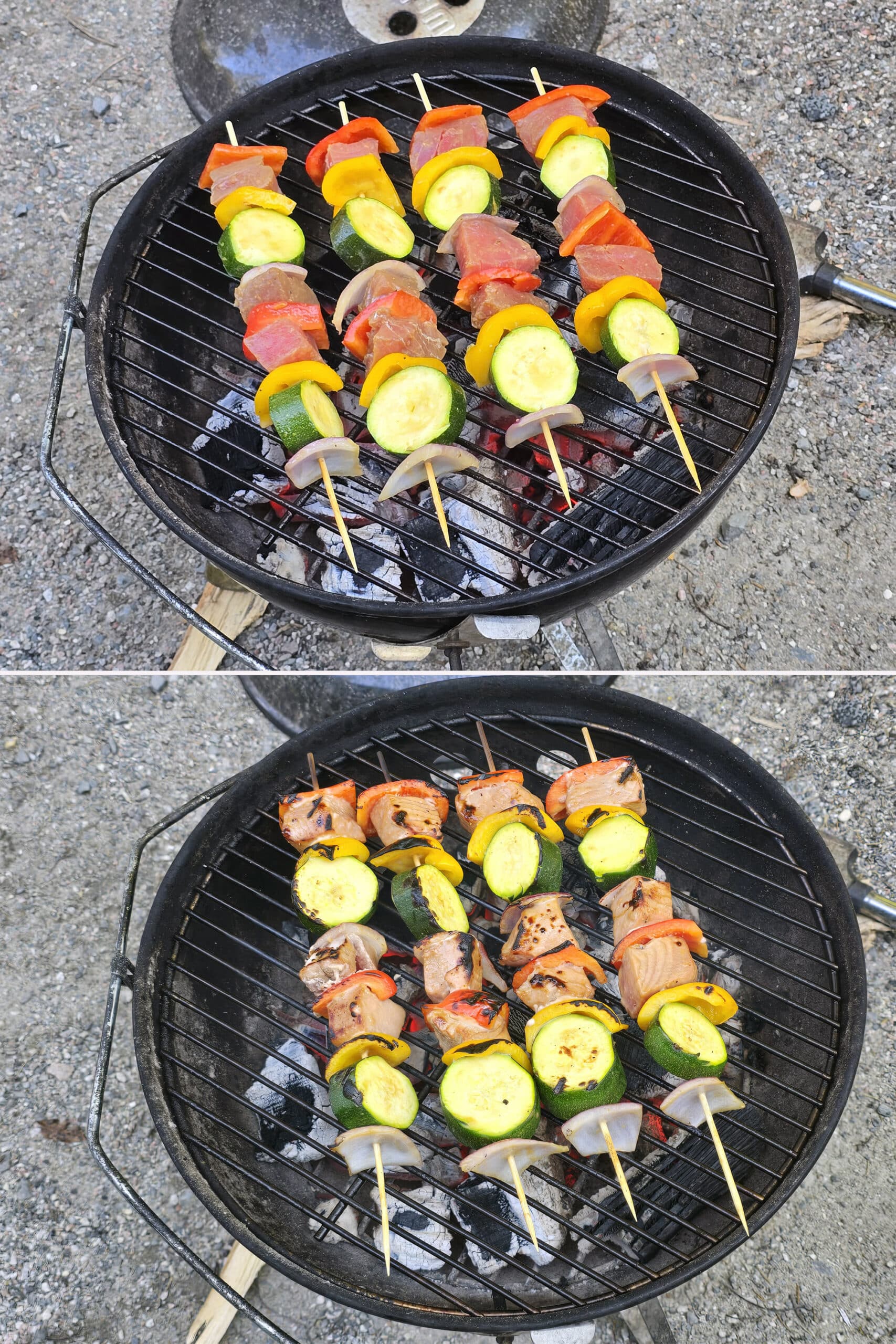 2 part image showing sesame ginger fresh tuna kebabs cooking on a charcoal grill.