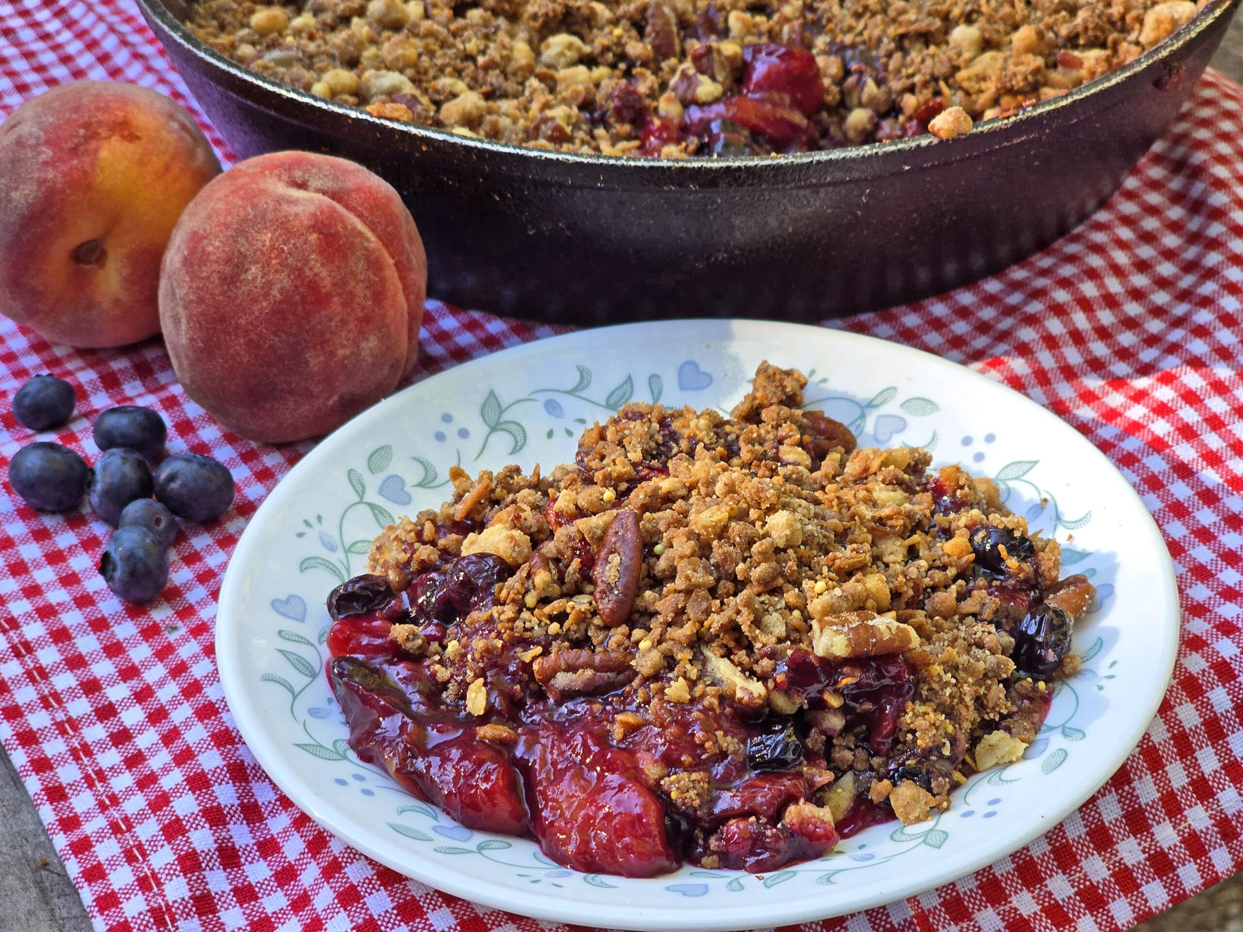 A plate and a pan of blueberry peach crisp.