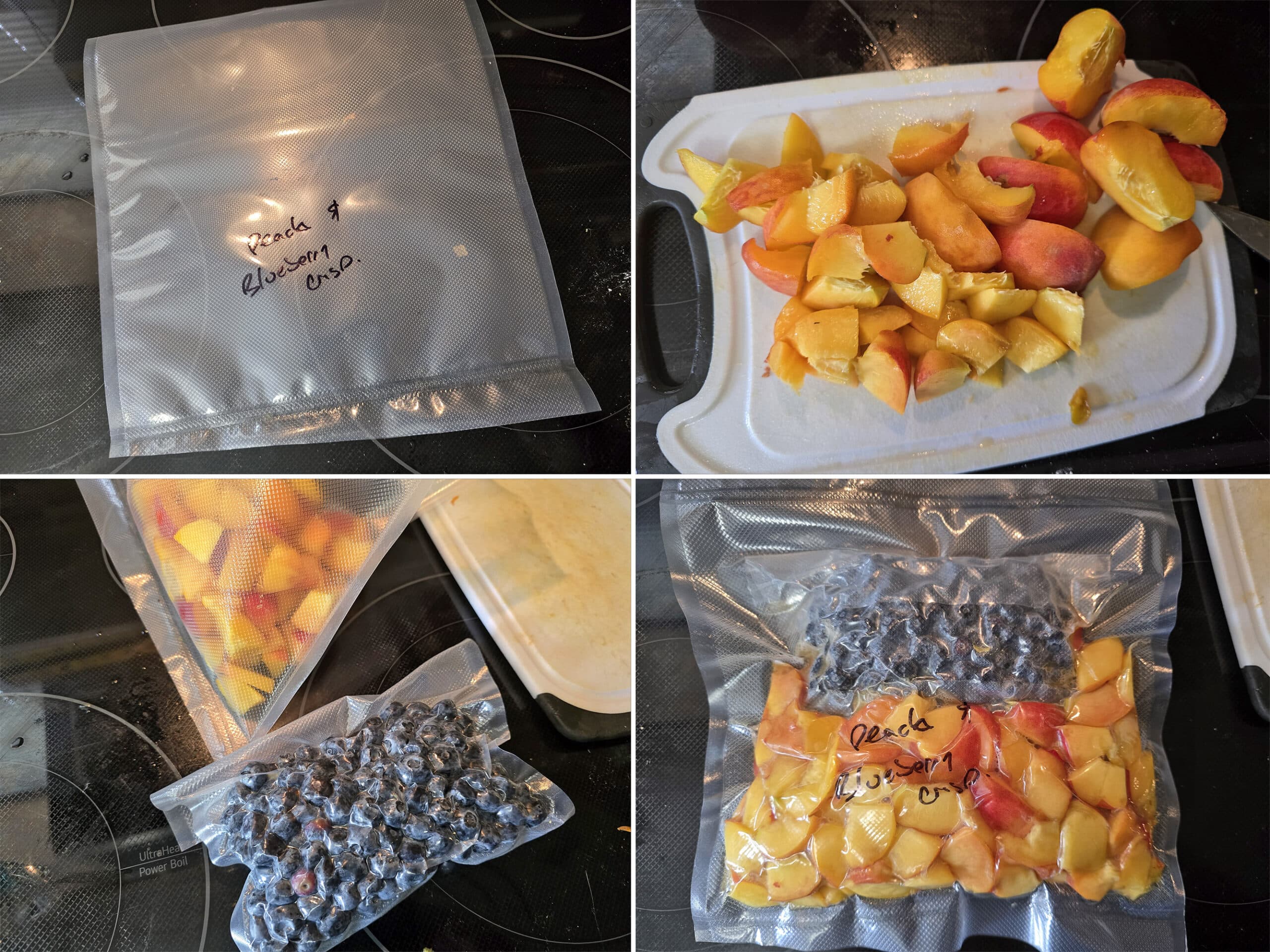 5 part image showing fresh peaches being copped and vacuum bagged, along with a vacuum baggie of blueberries.