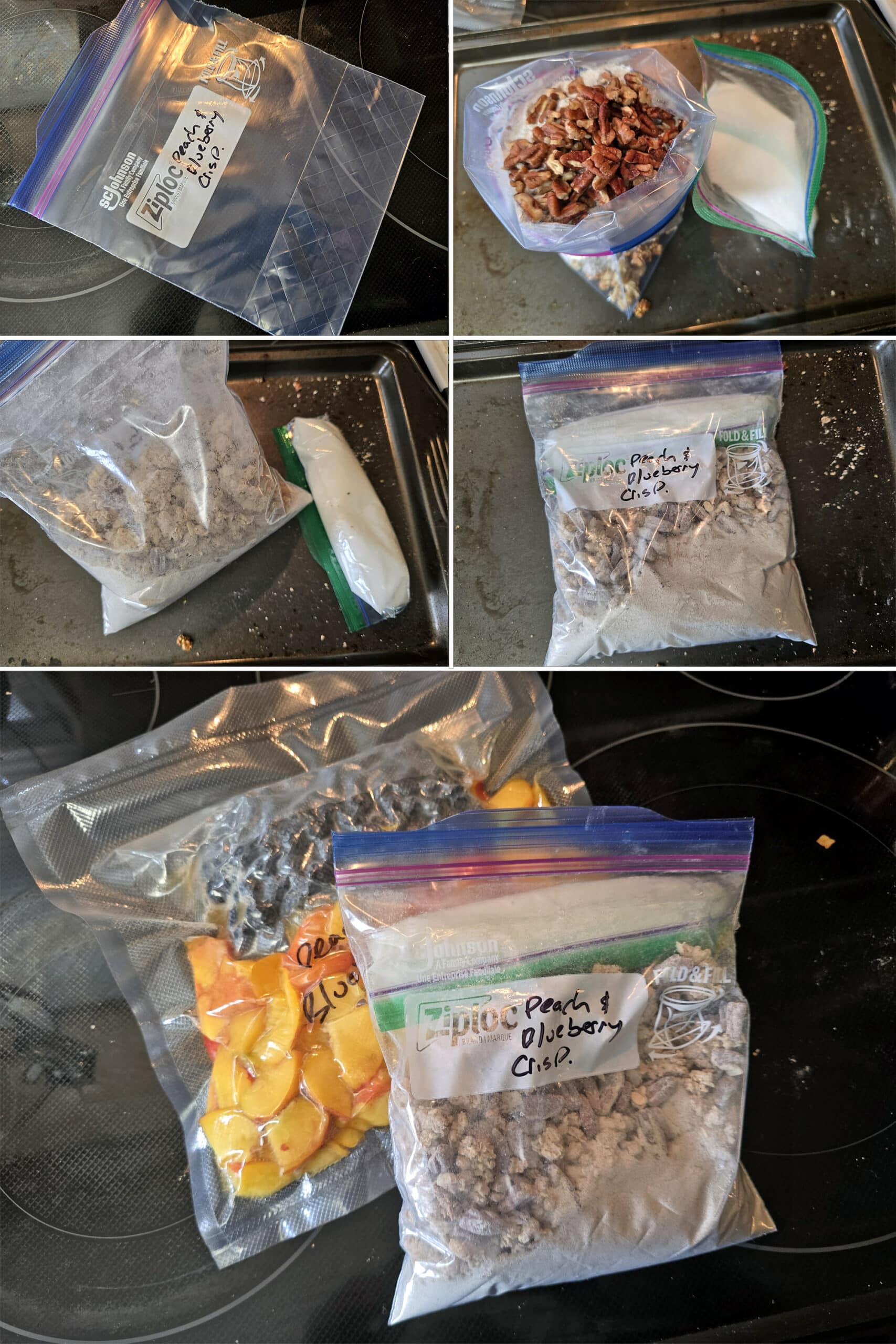 5 part image showing baggies of granola topping and sugar mixture being assembled and put into a freezer bag together, then that bag shown with the freezer baggie of peaches and blueberries,