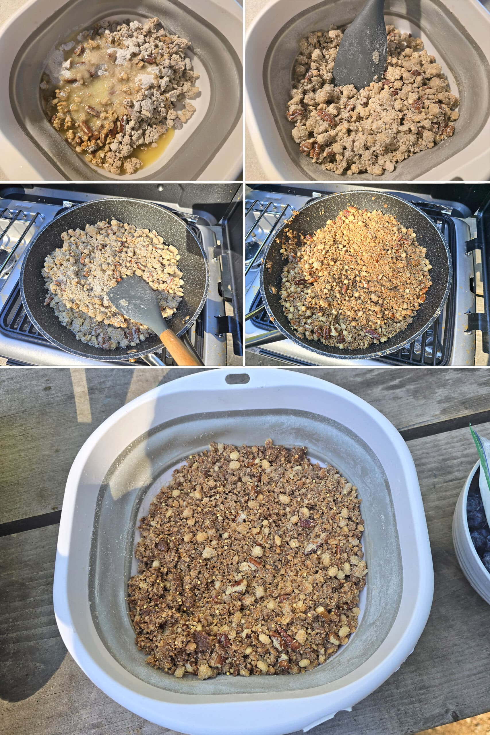 5 part image showing the granola mixture being mixed, toasted, and transferred to a bowl.