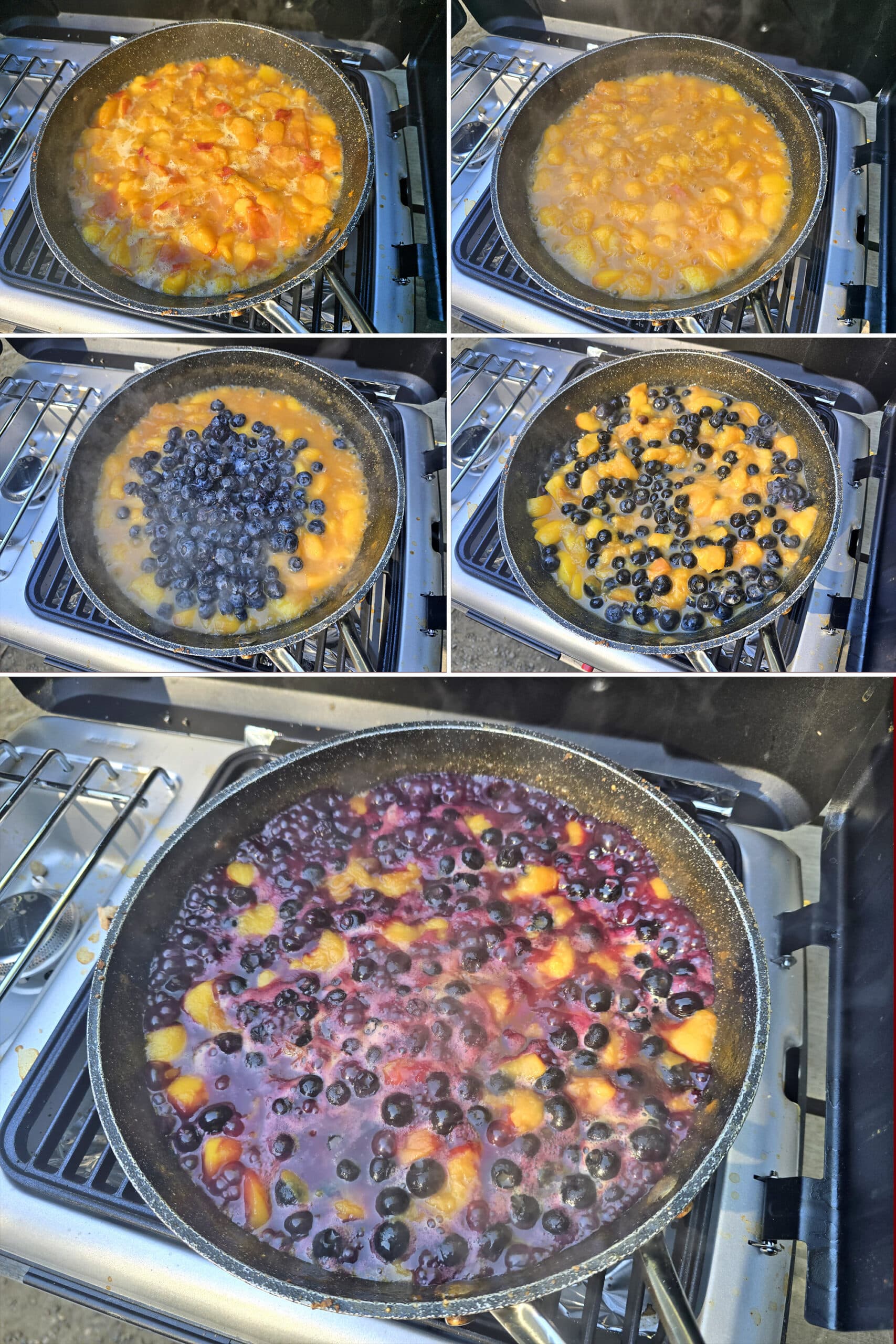 5 part image showing the chopped peaches cooking in a pan, then the blueberries added and stirred in.