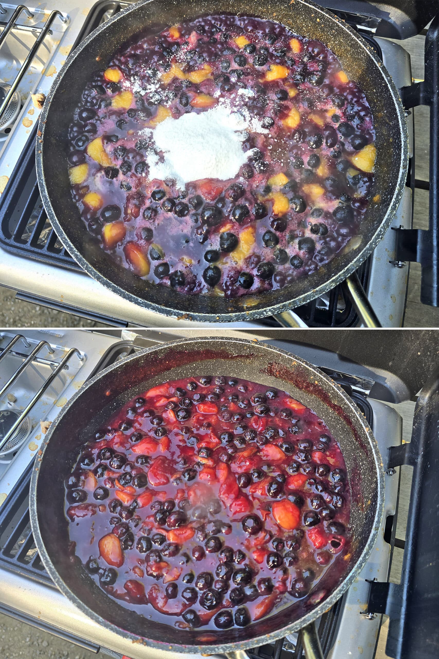 2 part image showing the sugar and cornstarch mixture being added to the pan and stirred into the blueberries and peaches.