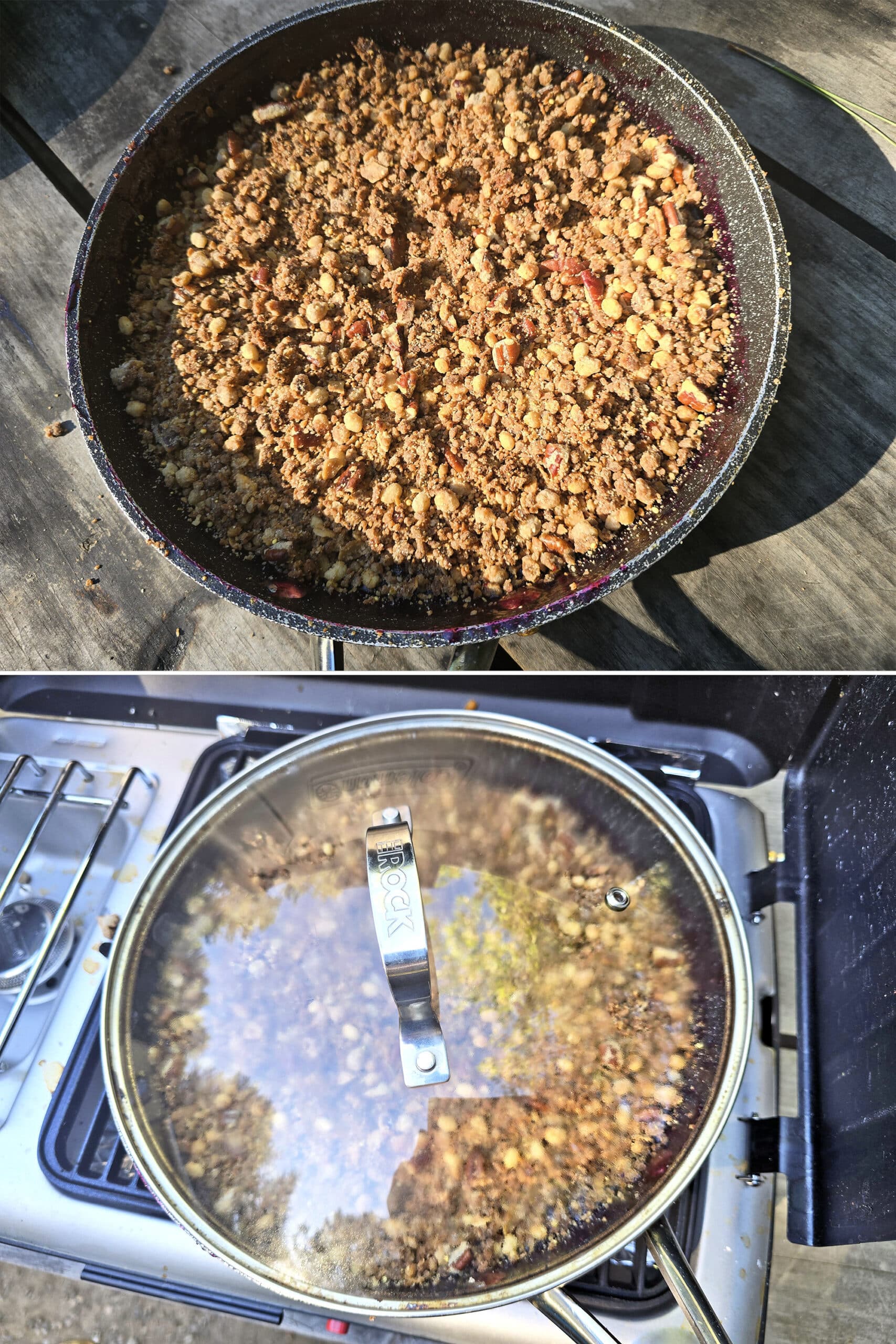 2 part image showing the granola topping added to the pan, and covered.