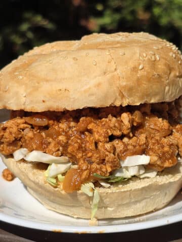An Ethiopian Sloppy Joes sandwich with berbere spiced ground chicken and shredded cabbage.
