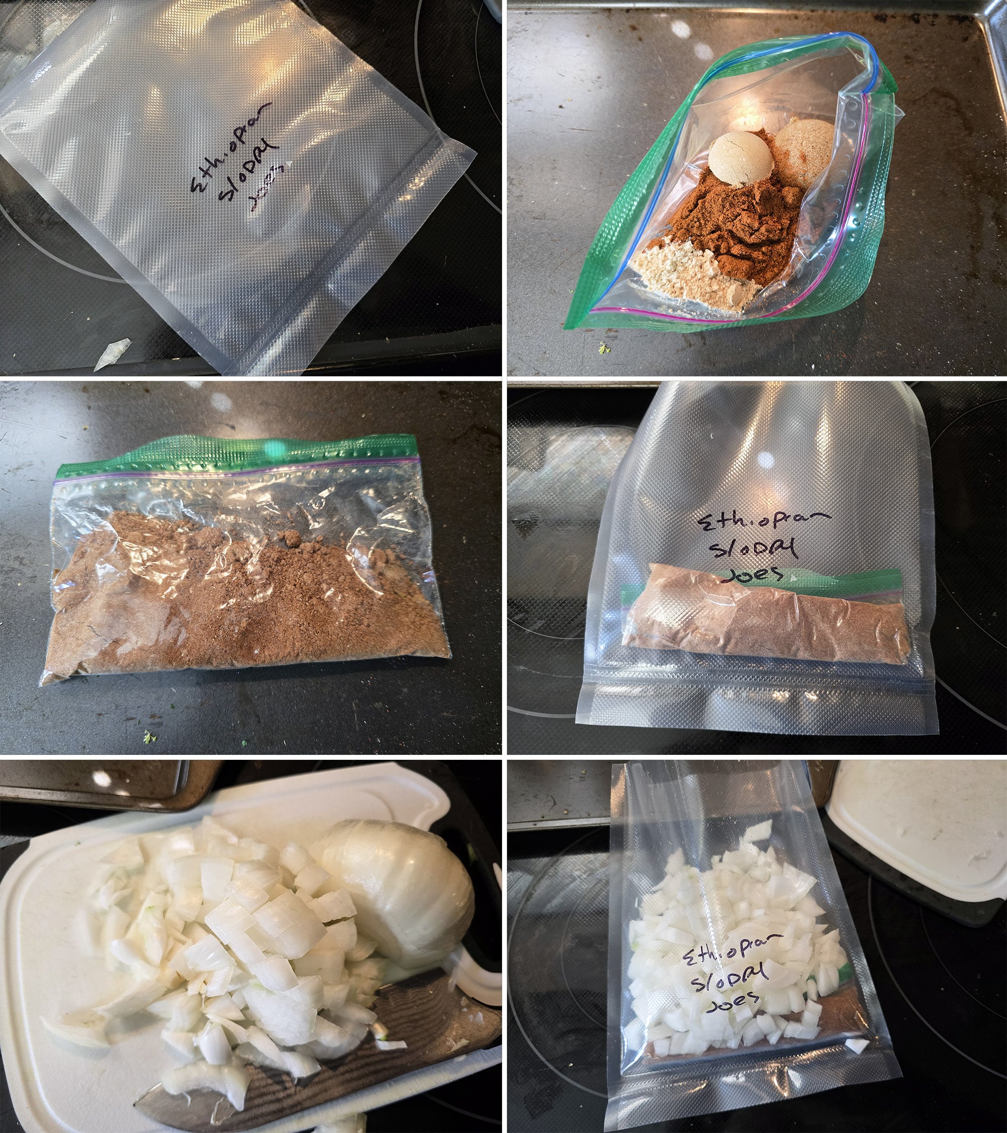 5 part image showing the spice packet being made and added to a vacuum freezer baggie, along with chopped onions.