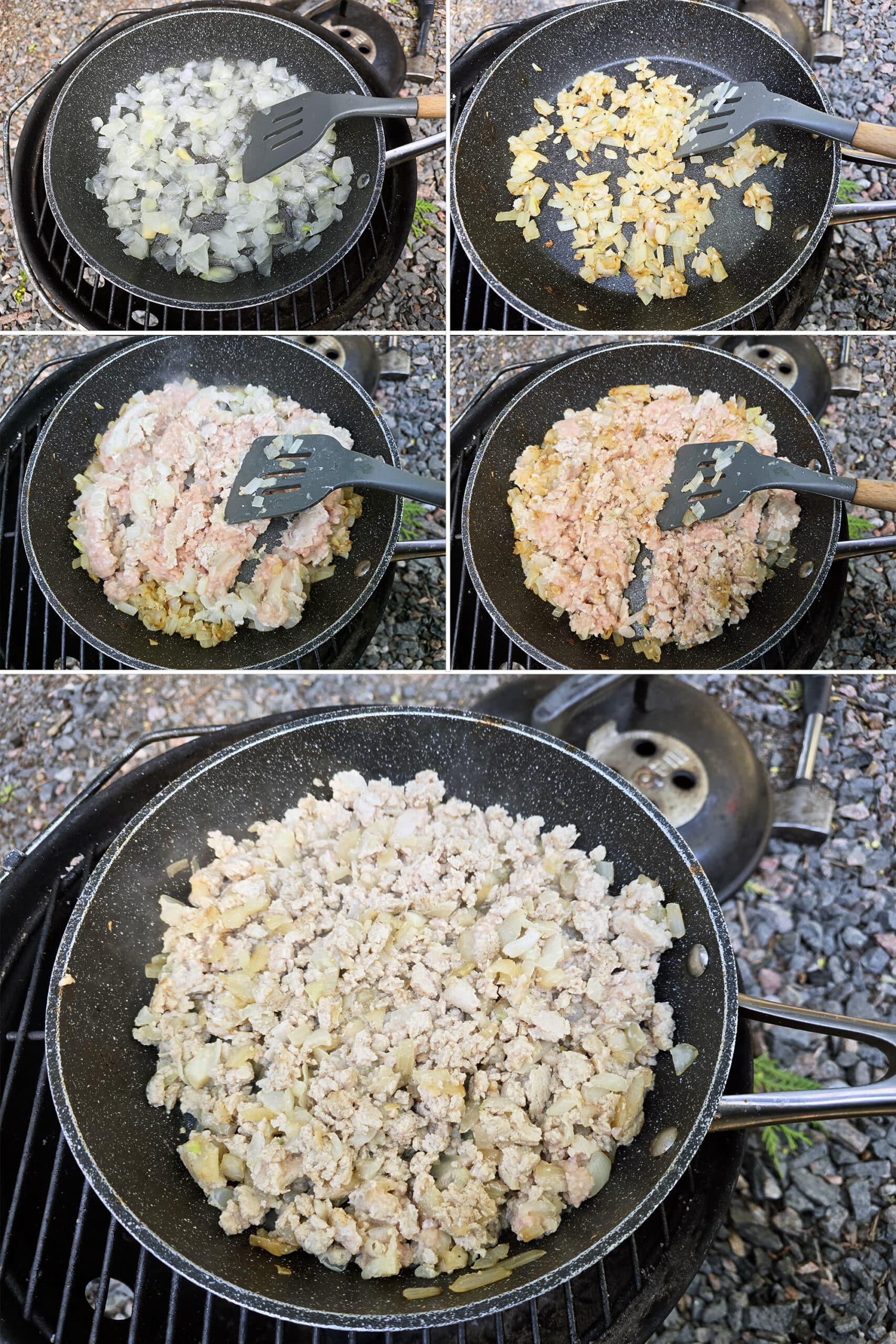 6 part image showing onions caramelizing in a pan over a grill, then ground chicken being added, broken up, and browned.