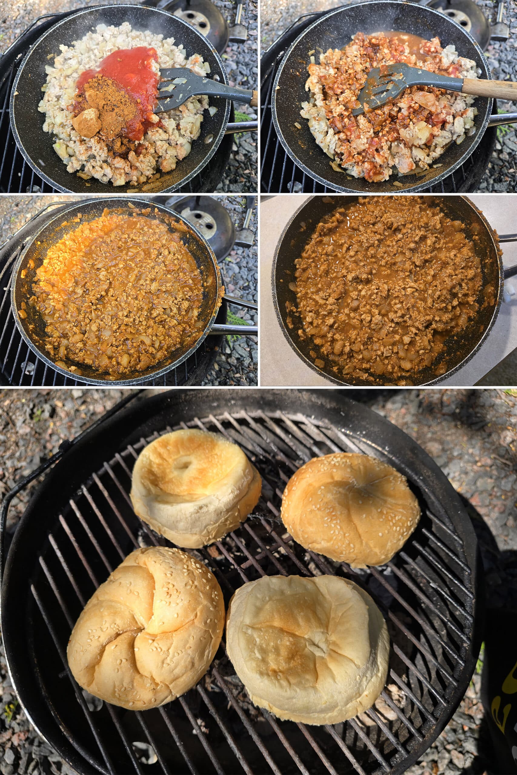 5 part image showing the tomato sauce and spices being added to the pan, stirred in and simmered down, then buns toasting over the grill.