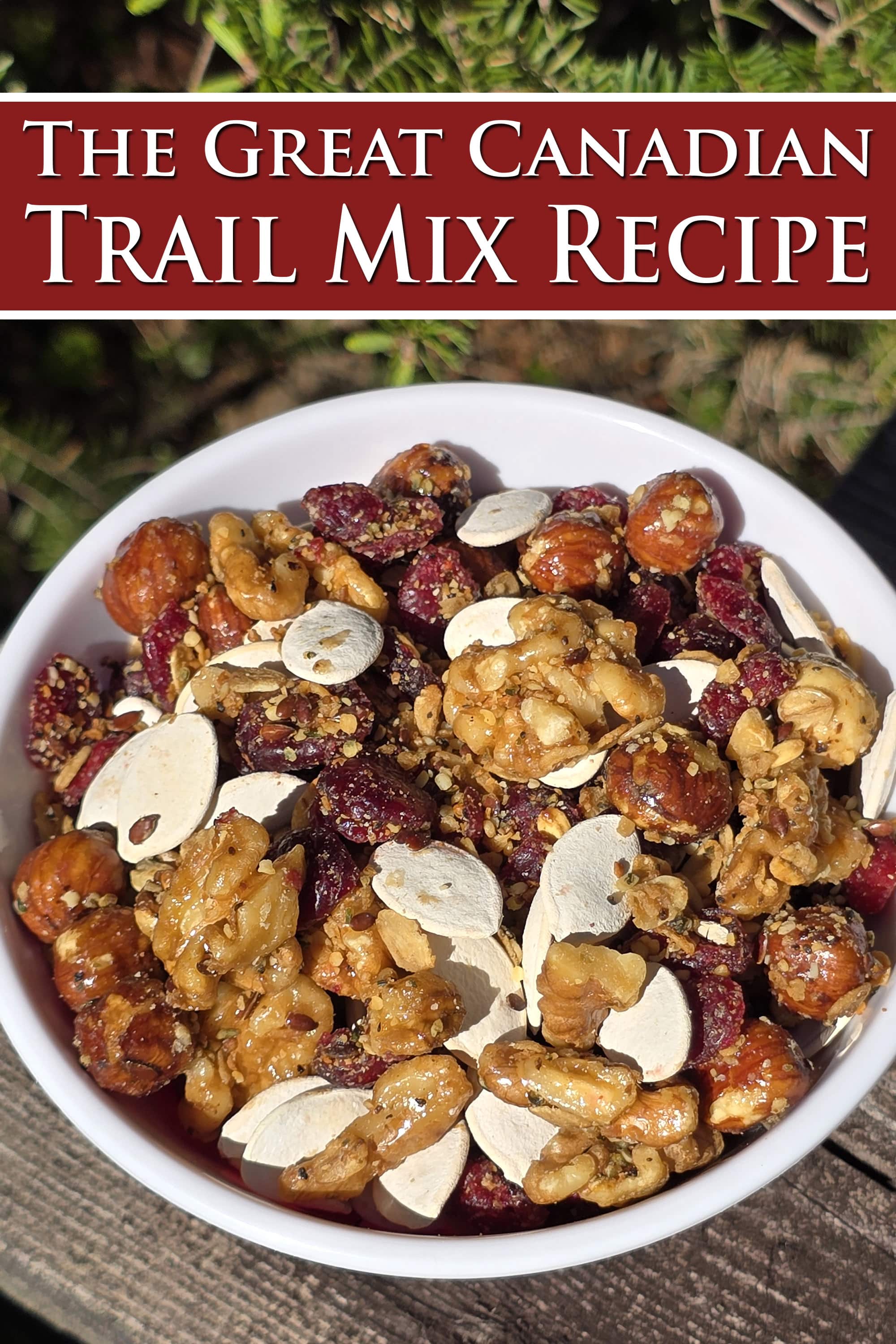 A bowl of Canadian themed trail mix, with maple glazed nuts, dried cranberries, maple granola, and pumpkin seeds.  Overlaid text says the great Canadian trail mix recipe.
